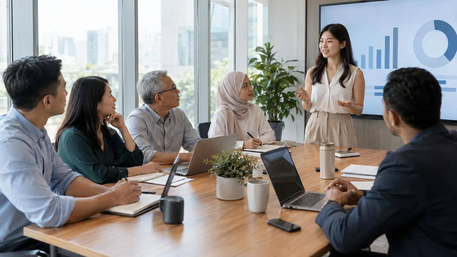Business people in discussion at a long table in a bright meeting room