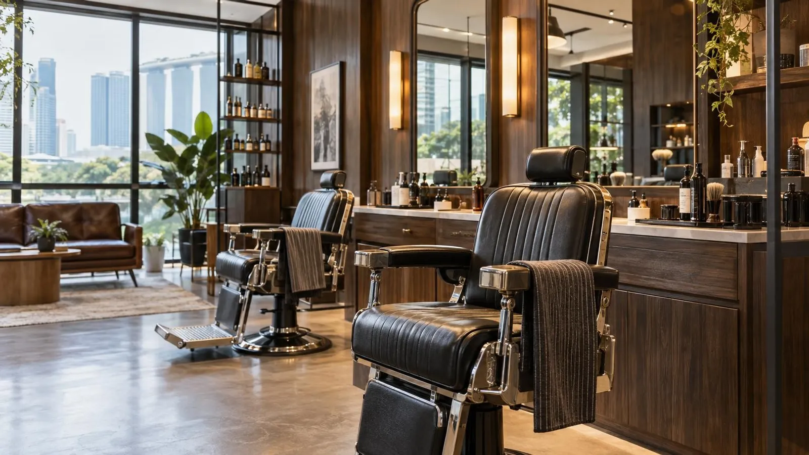 A stylish modern grooming salon for men in Singapore with barber chairs and a warm wood-and-leather interior