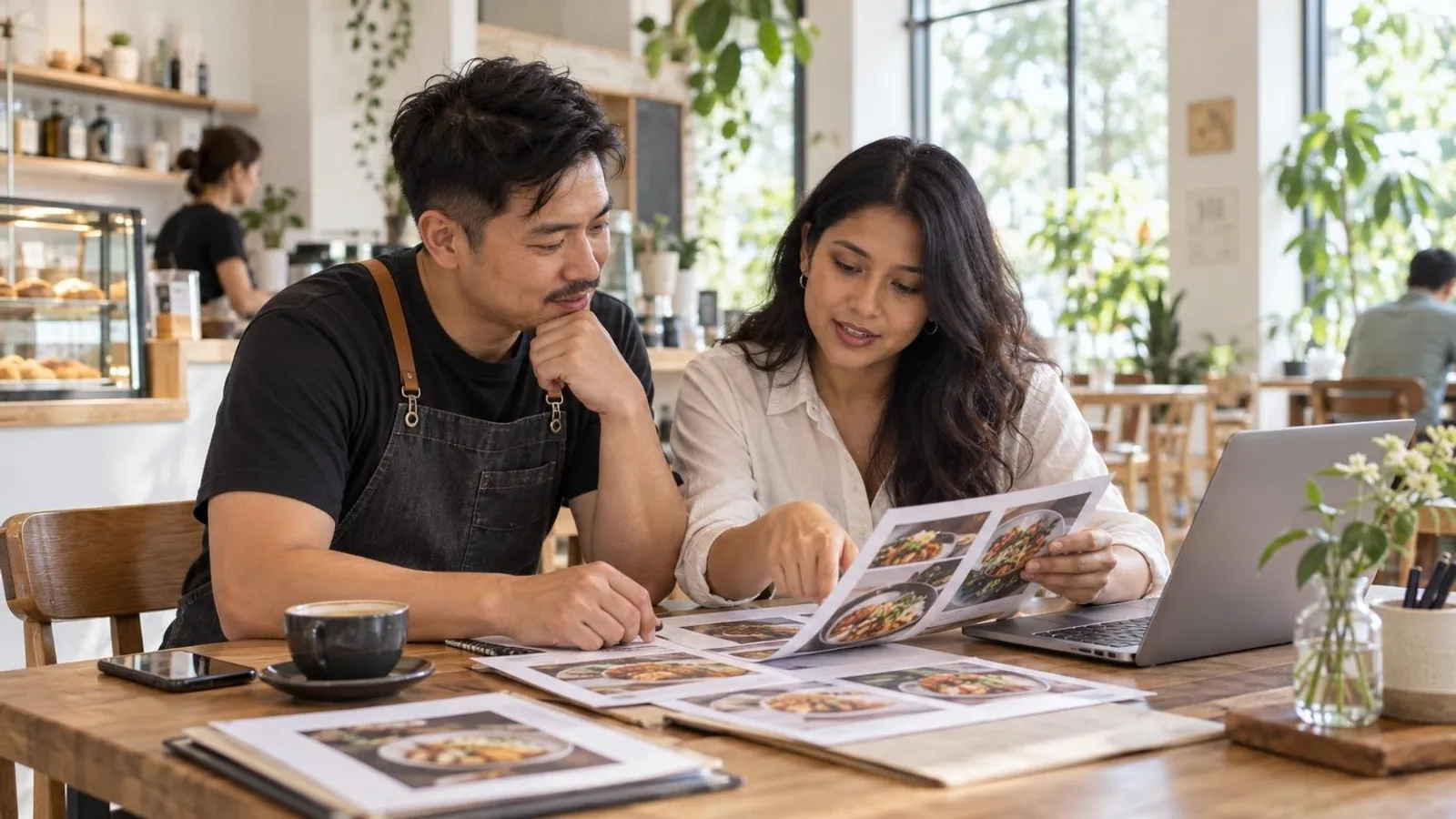 Menu Design and Printing Services: a customer and a provider in a bright, modern setting