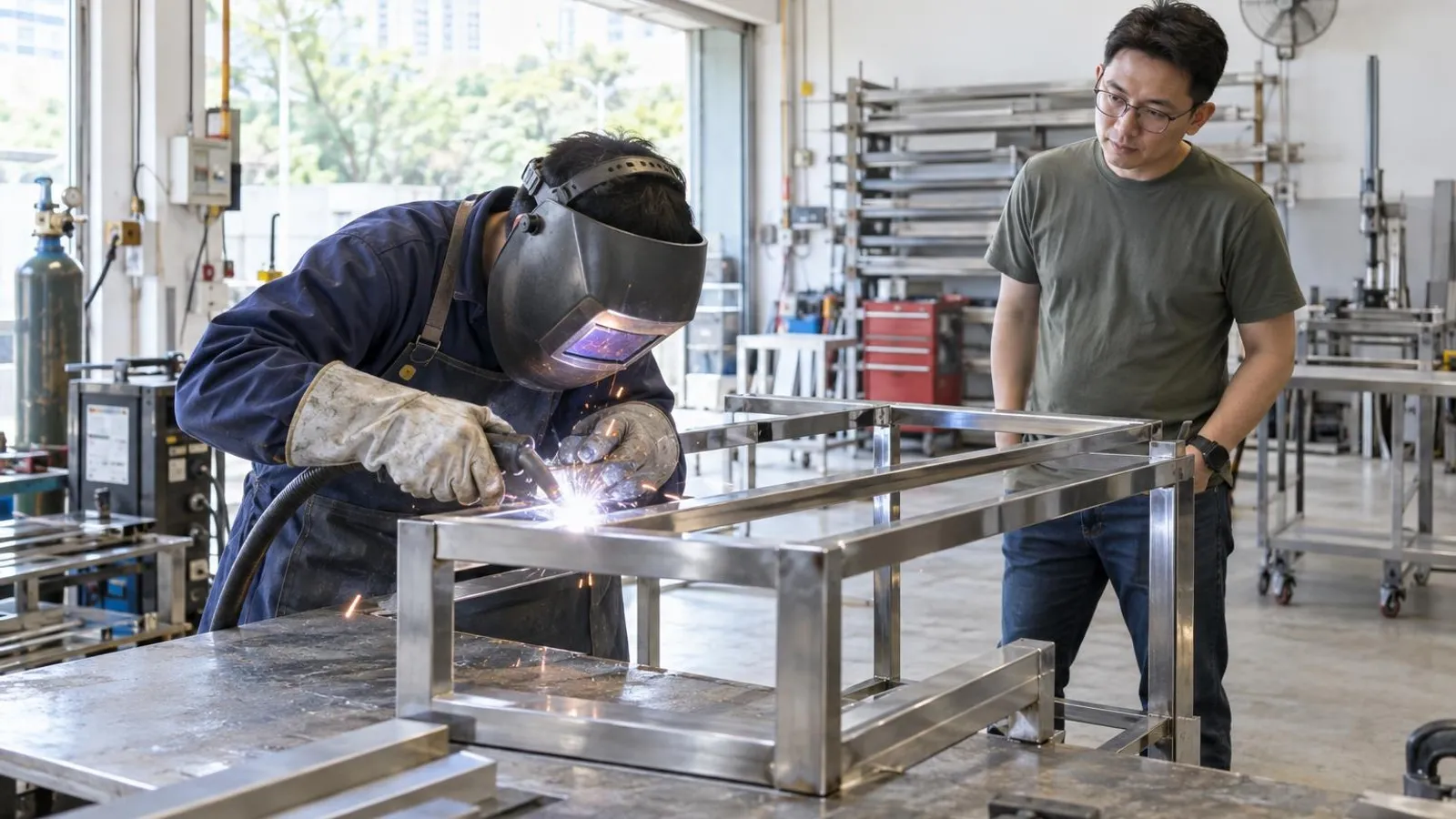 A welder in a protective mask welding a stainless steel frame in a clean workshop while a customer watches