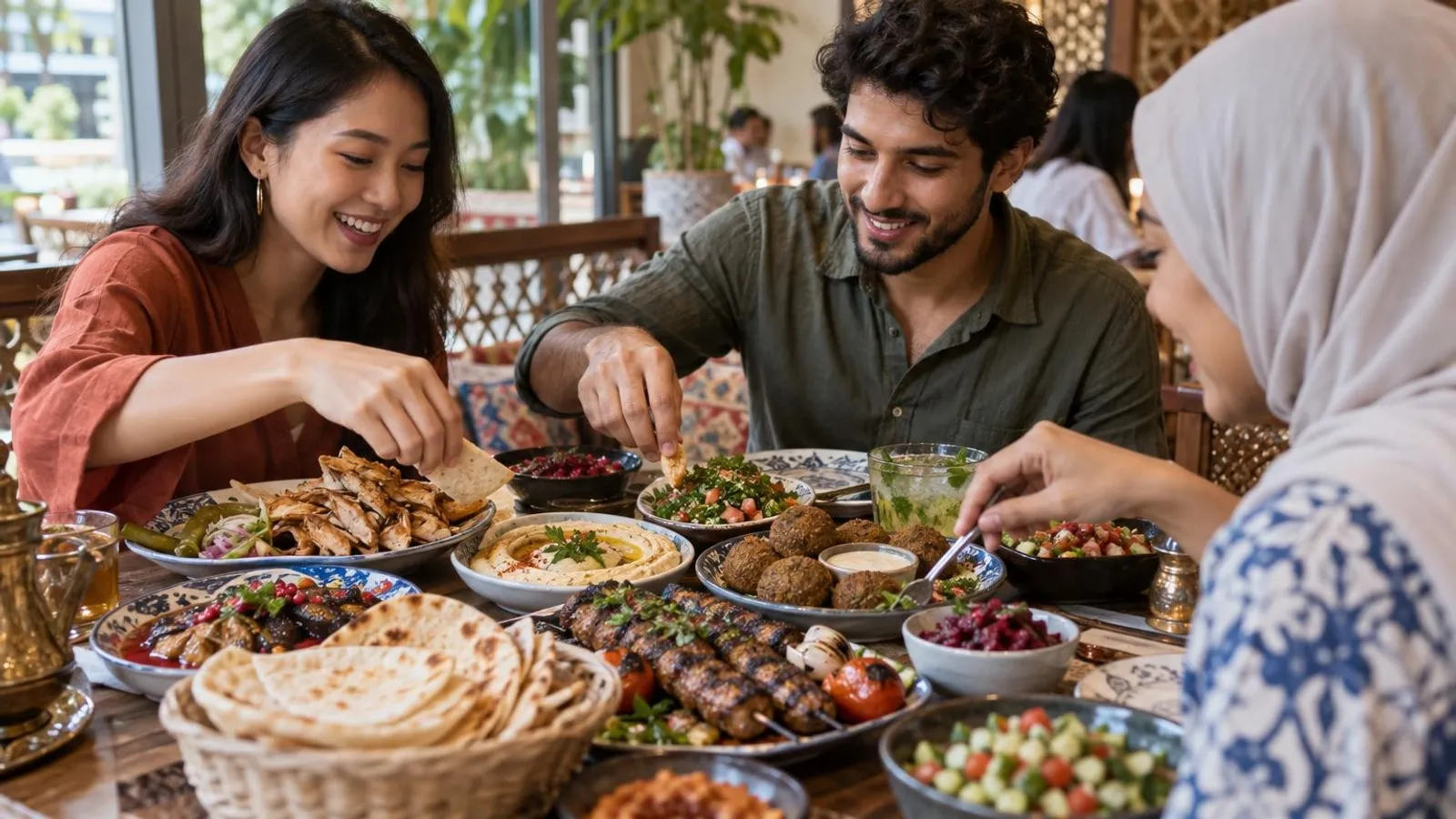A Middle Eastern feast in Singapore with shawarma, grilled kebabs, hummus and flatbread on a table