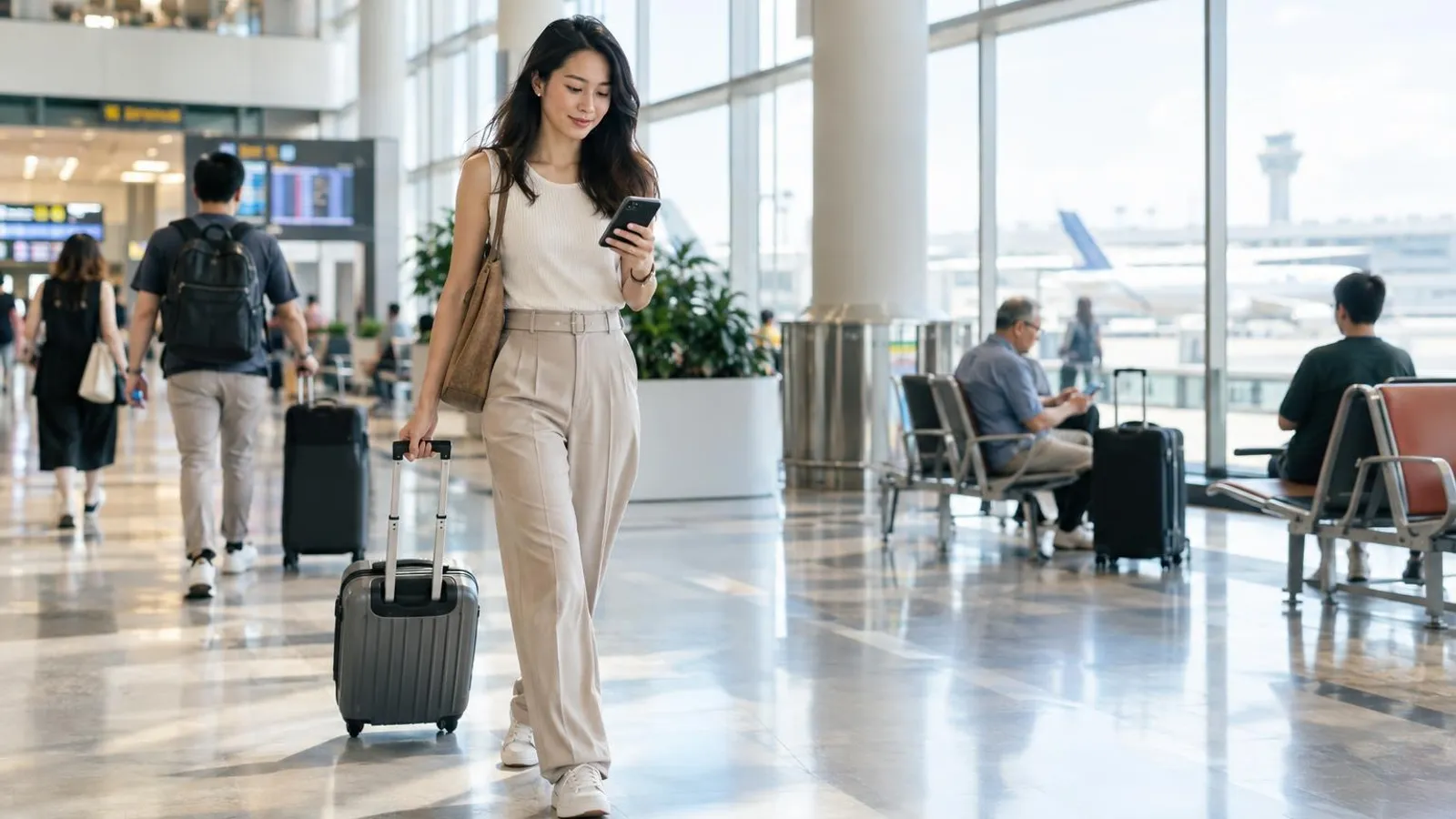 A woman walking through a bright airport departures hall with a cabin suitcase while checking her phone