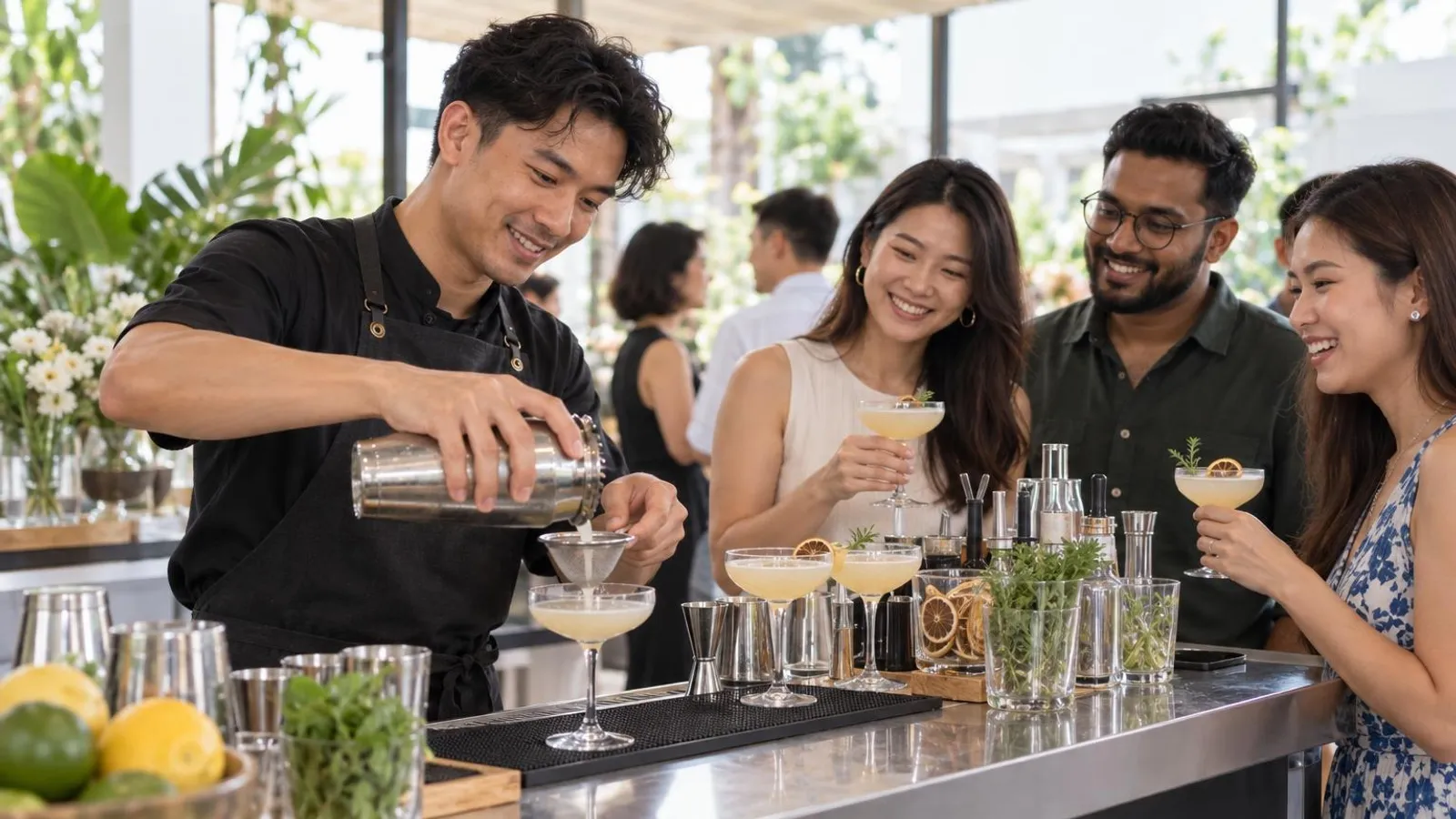 Mobile Bar Catering Services: a customer and a provider in a bright, modern setting