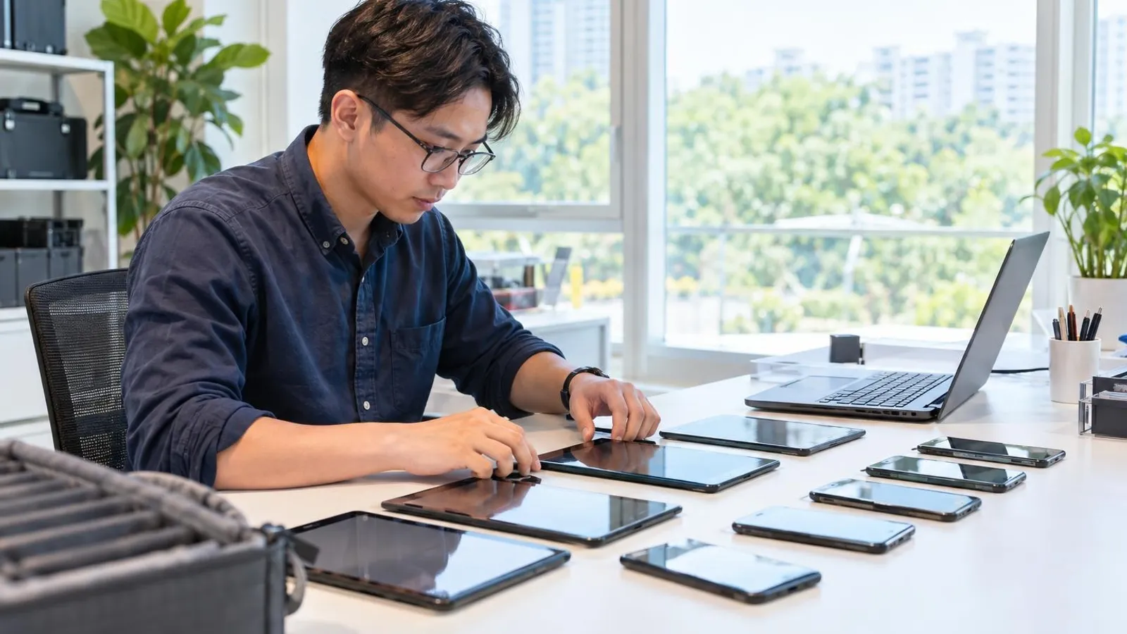 An IT administrator configuring a row of company tablets and phones on a bright desk with a laptop