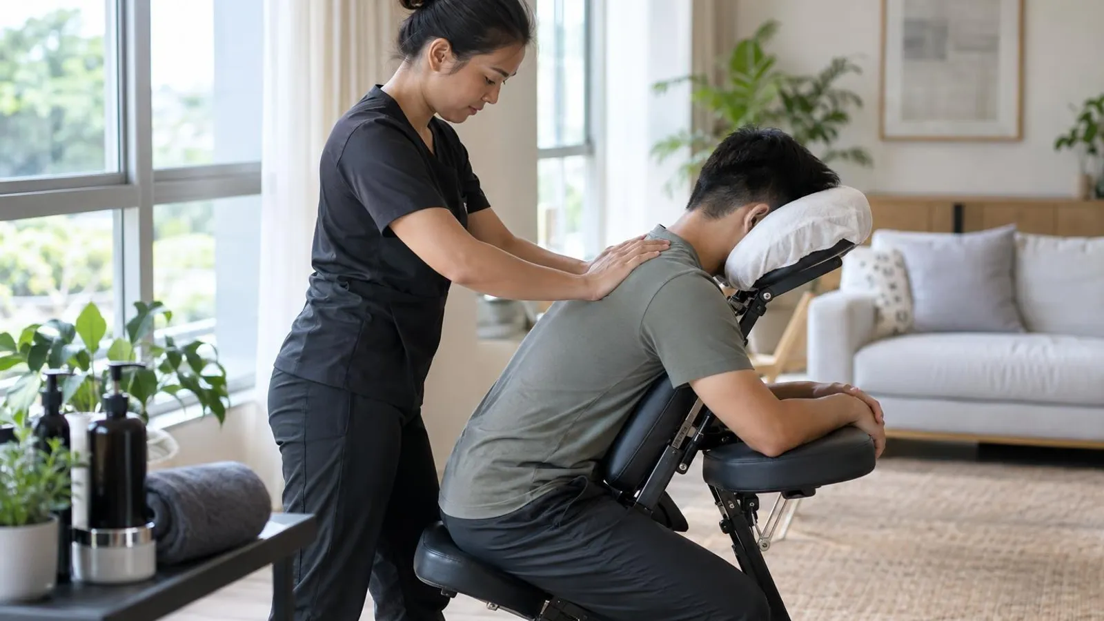 Mobile Massage Services: a customer and a provider in a bright, modern setting