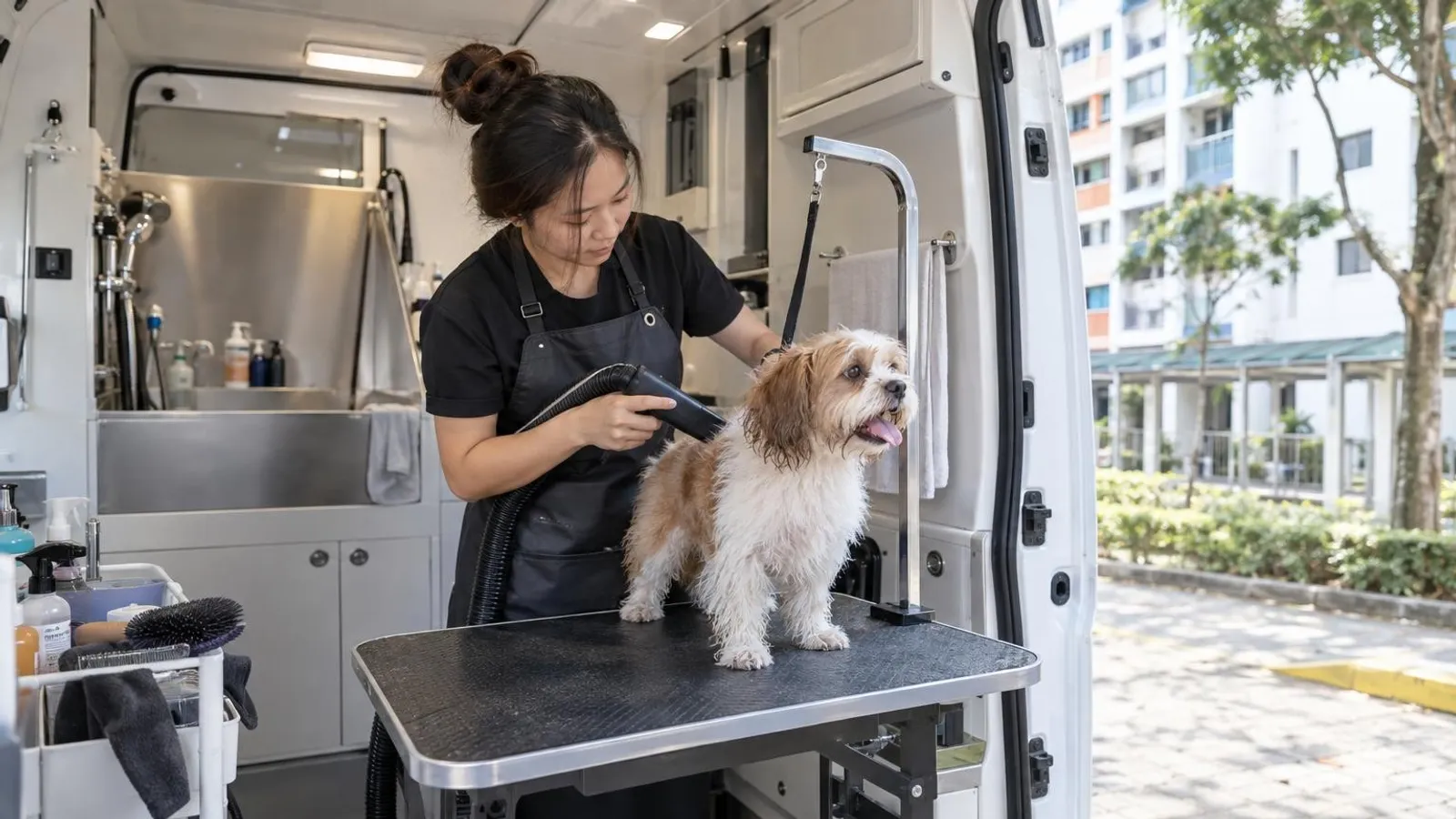 A mobile pet groomer drying a dog inside a fitted grooming van at an HDB estate