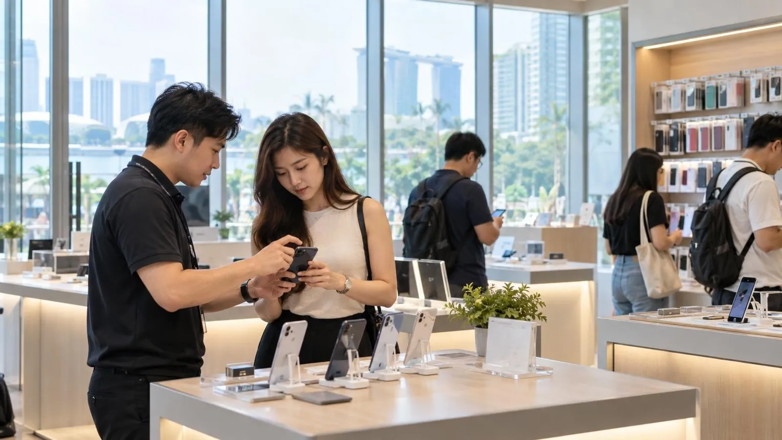 A bright modern mobile phone shop in Singapore with phones and accessories on display counters