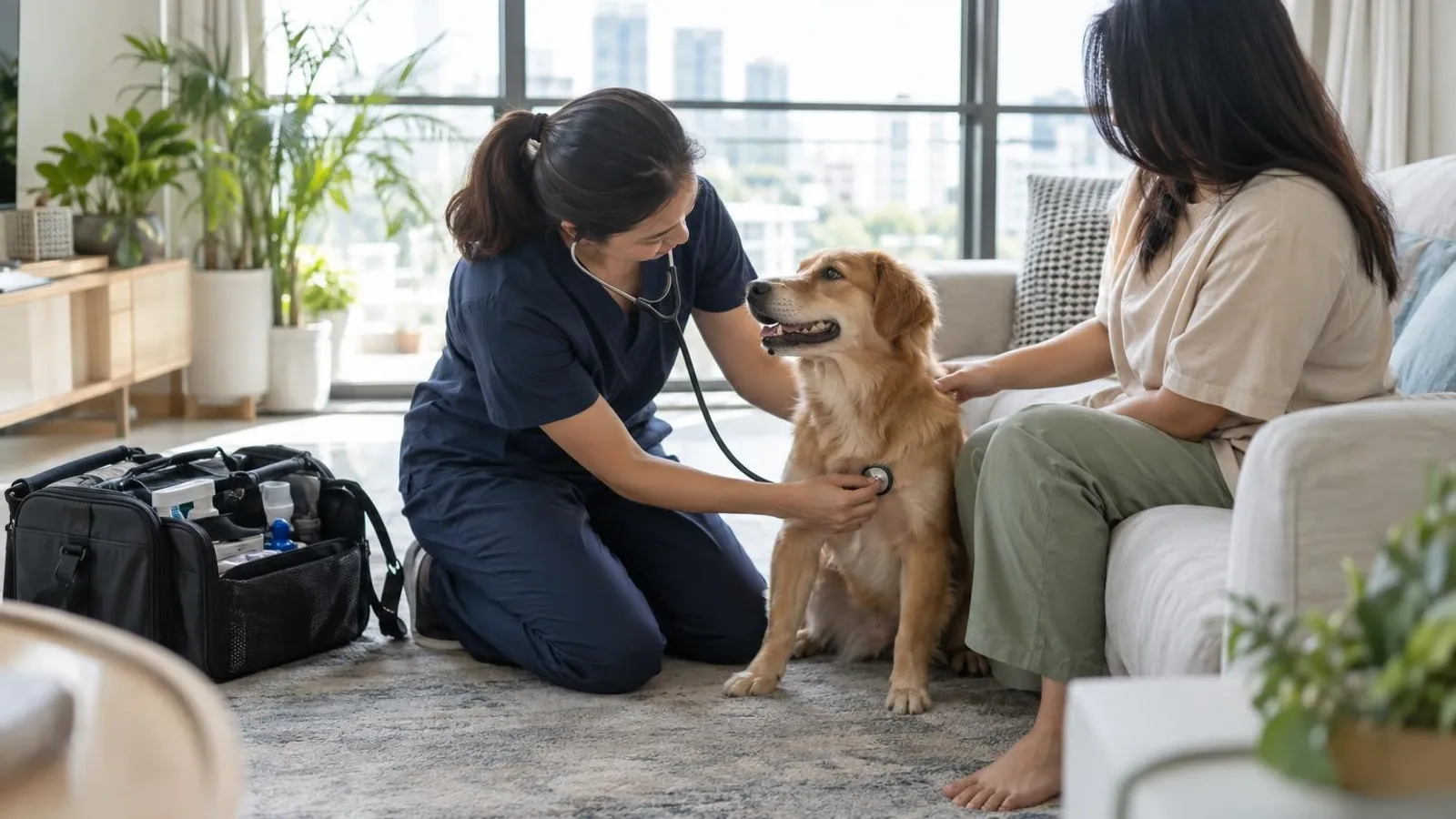 A mobile veterinarian examining a calm dog at home in Singapore with a medical bag and stethoscope