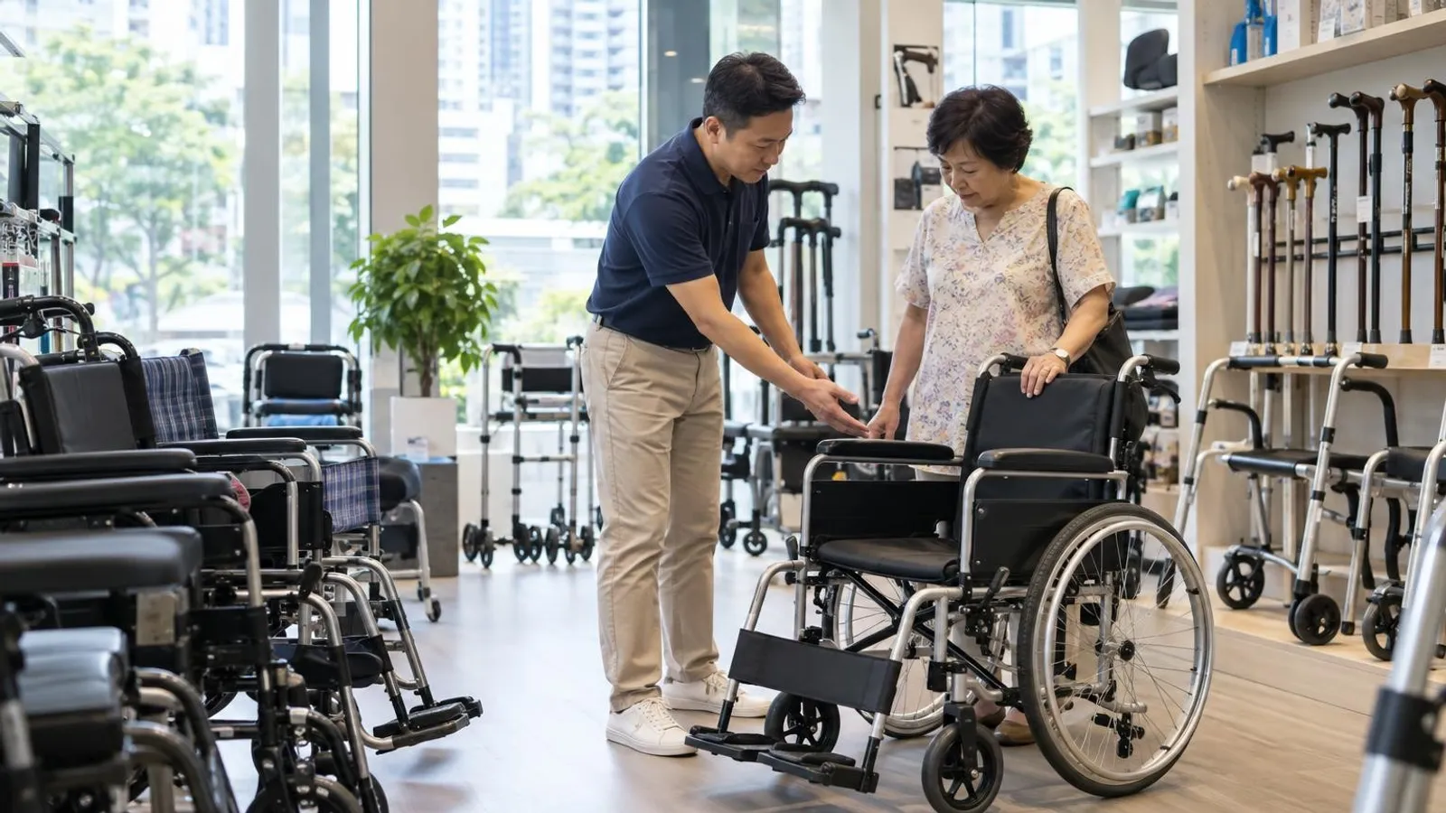 A shop assistant showing a wheelchair to an elderly customer in a bright Singapore mobility-aids shop