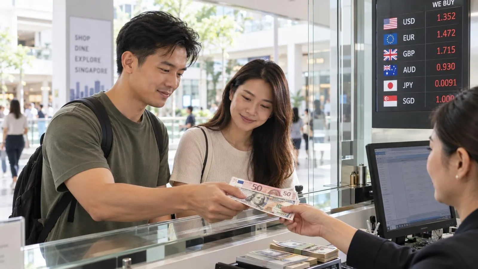 A customer exchanging foreign banknotes at a money changer counter in a bright Singapore shopping arcade