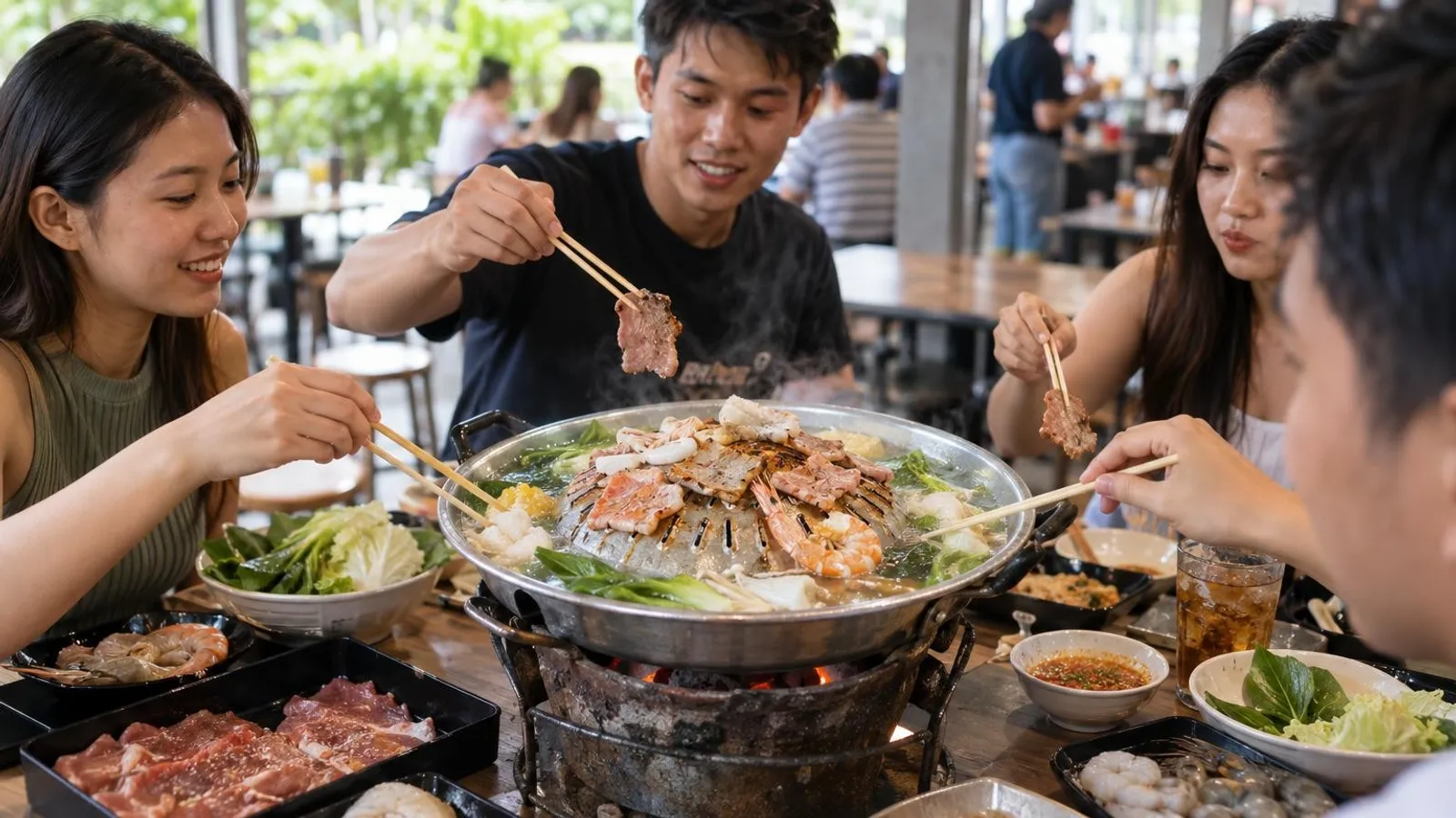 Friends grilling meats over a mookata charcoal dome grill in Singapore