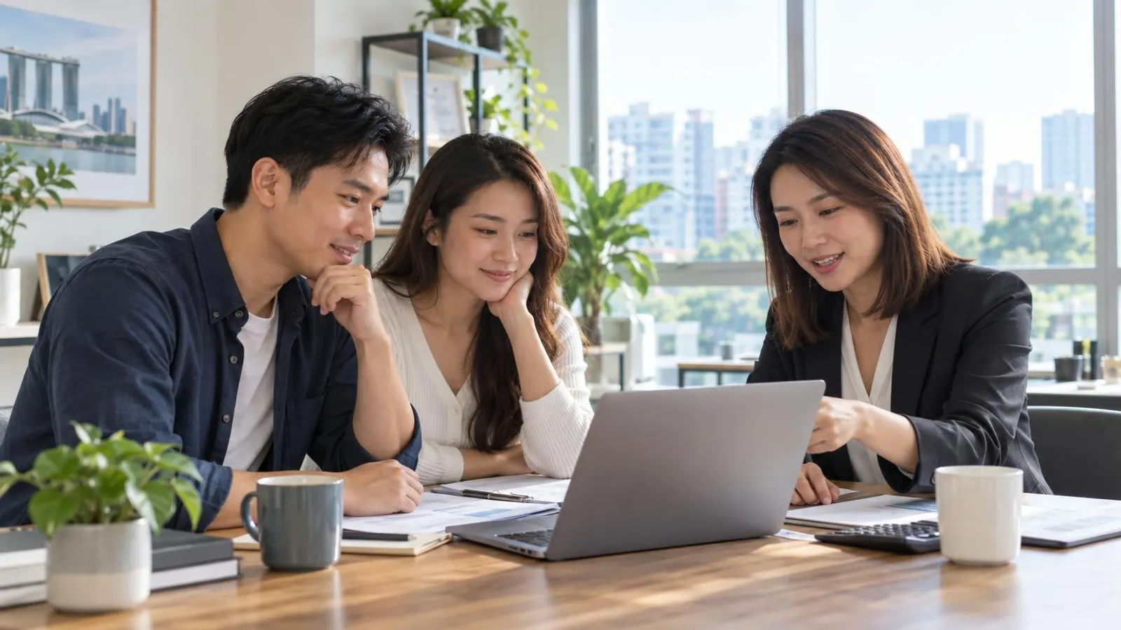 A mortgage advisor showing home-loan options on a laptop to a young couple in a bright Singapore office