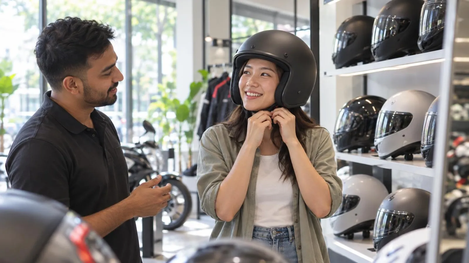Motorcycle Helmet and Riding Gear Shops: a customer and a provider in a bright, modern setting