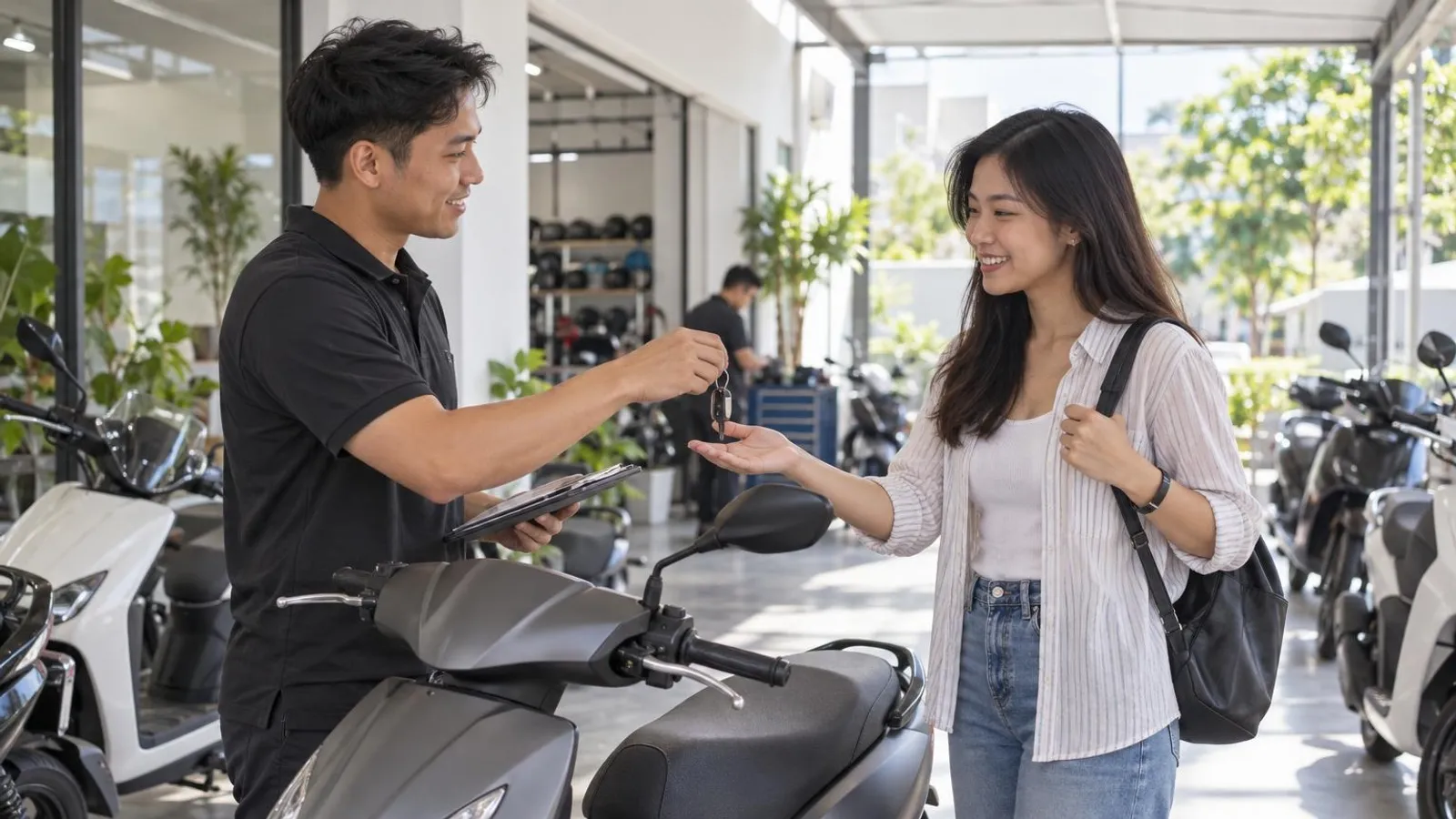 Motorcycle Rental Companies: a customer and a provider in a bright, modern setting