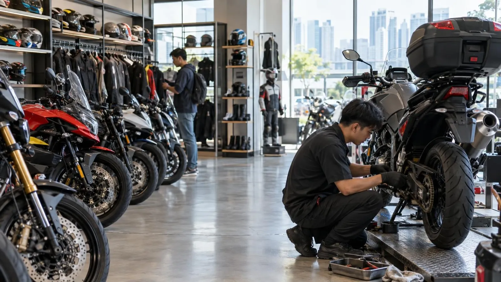 A Singapore motorcycle shop with bikes, riding gear and a mechanic servicing a bike