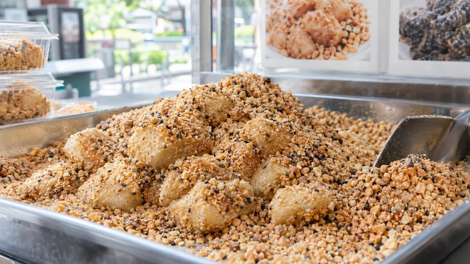 A tray of soft muah chee glutinous rice pieces coated in crushed peanut and sugar at a bright Singapore dessert stall