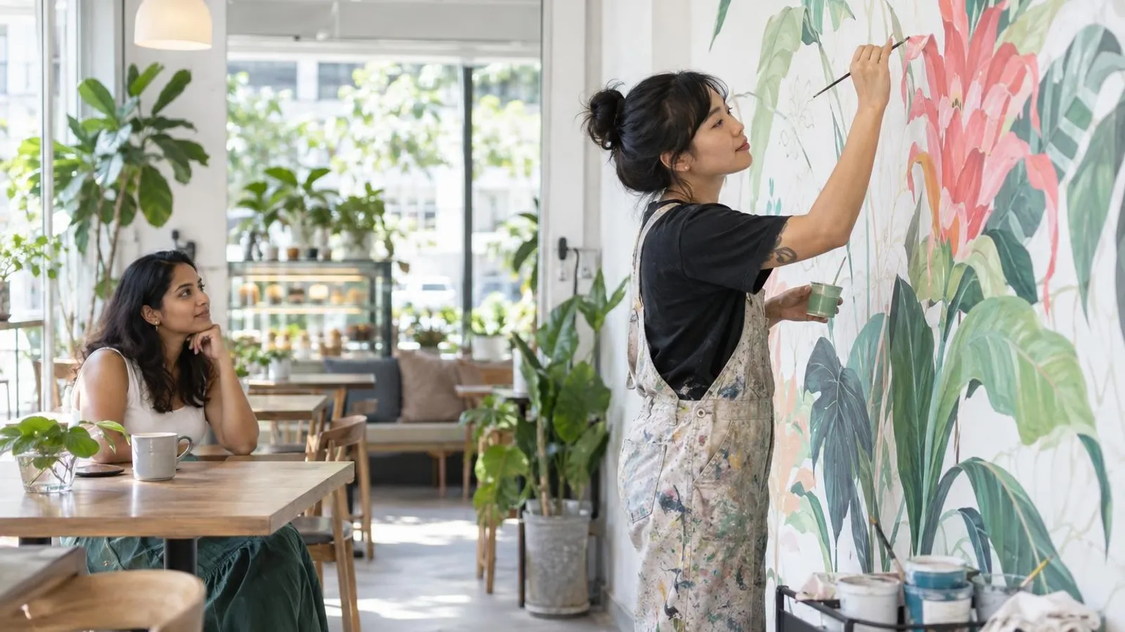 A muralist painting a colourful botanical mural on a wall in a bright cafe