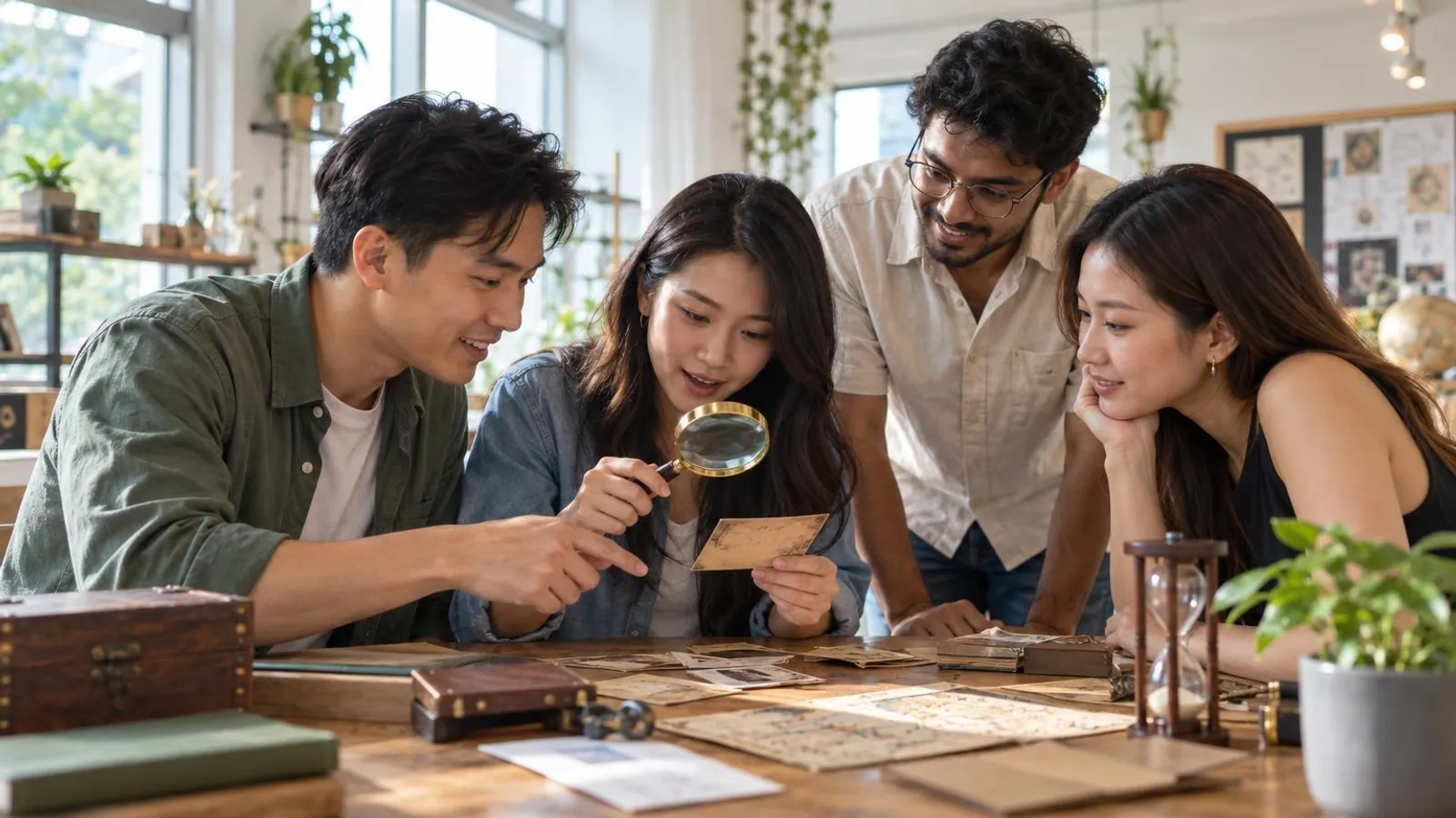 Murder Mystery Games and Experiences: a customer and a provider in a bright, modern setting