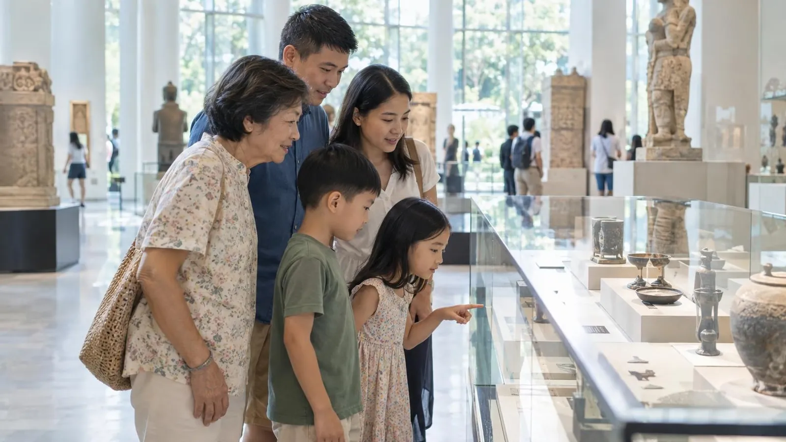 A family looking at artefacts in a glass display case in a bright museum gallery
