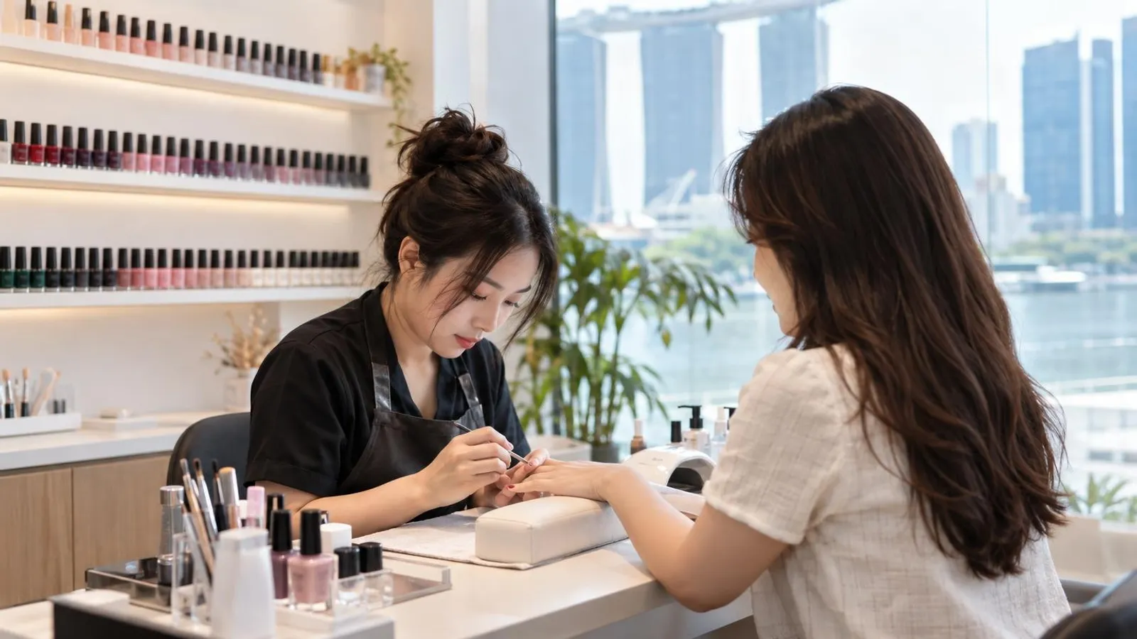 A nail technician giving a client a manicure at a bright, clean Singapore nail salon
