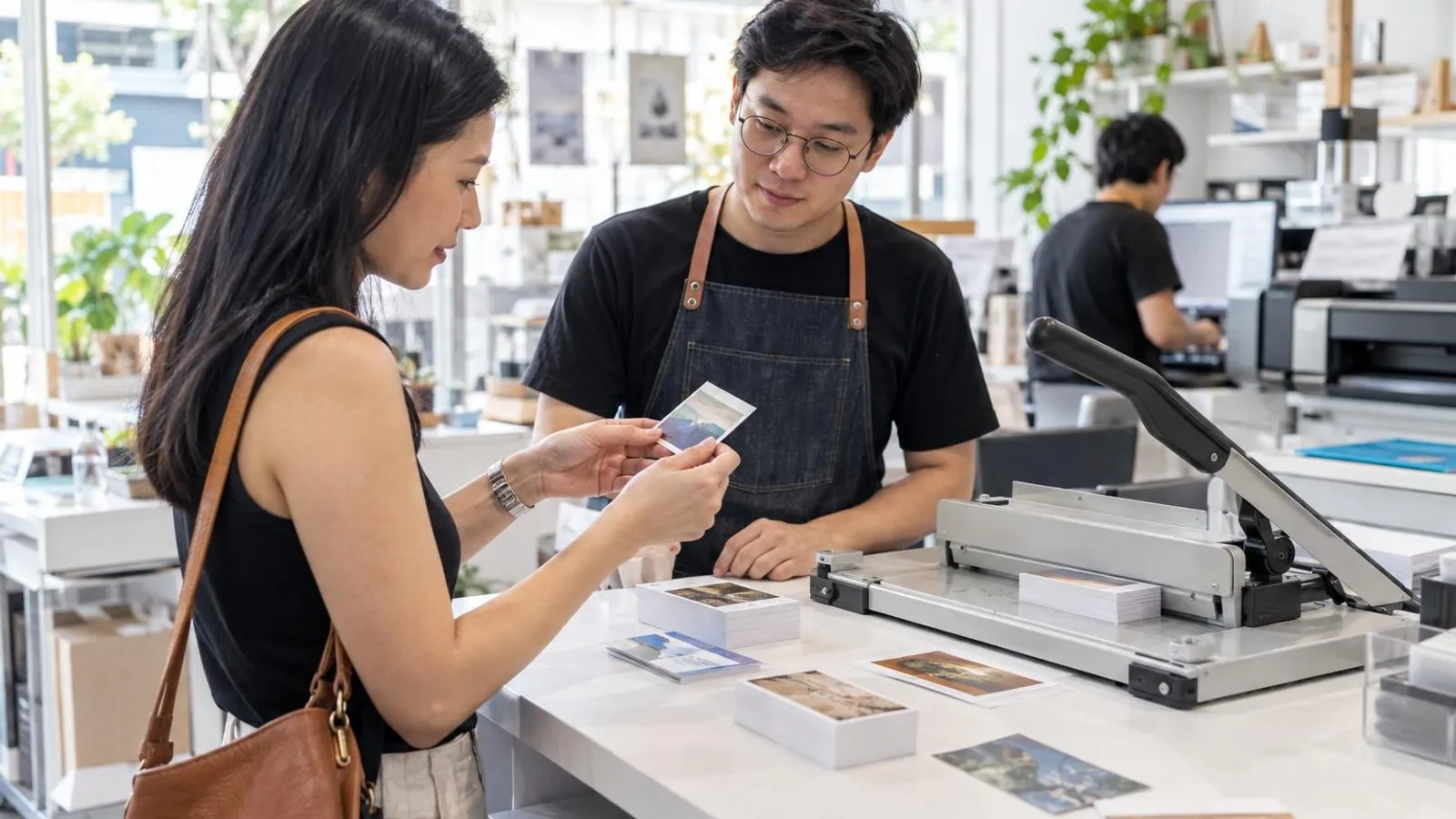 A neat stack of freshly printed business cards on a bright print-shop counter beside a card cutter while a customer inspects one