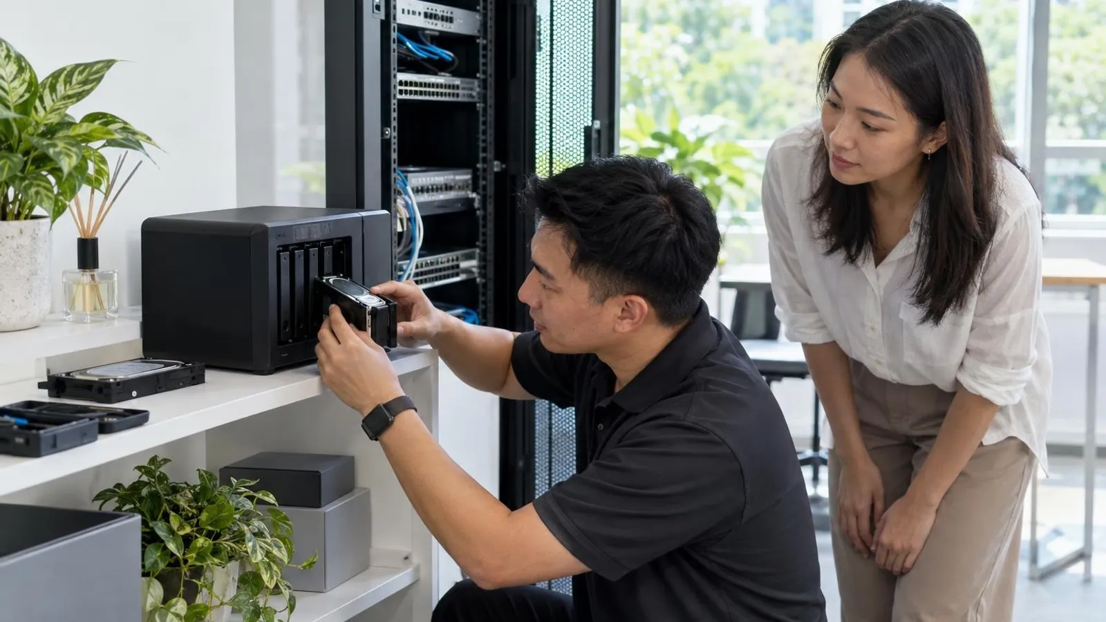 A technician installing hard drives into a compact network storage unit while a client watches in a bright office