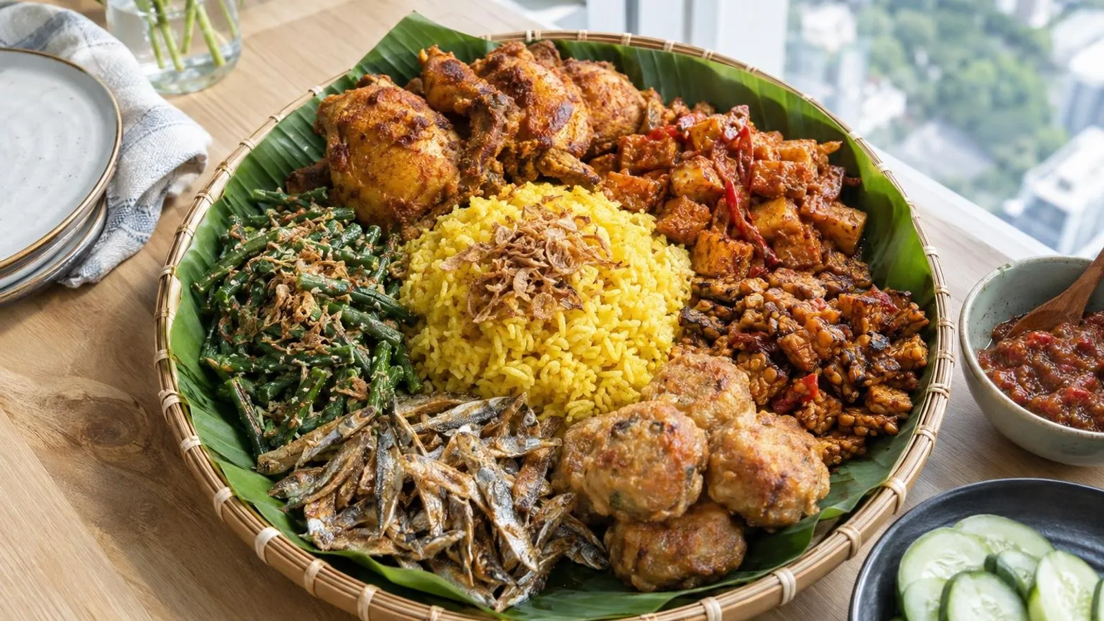 A shared Javanese nasi ambeng platter of rice, fried chicken, sambal and sides at a bright Singapore eatery