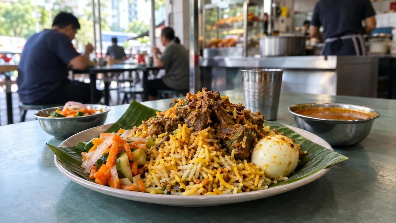 A fragrant plate of Singapore nasi briyani with saffron basmati rice, mutton, egg and achar