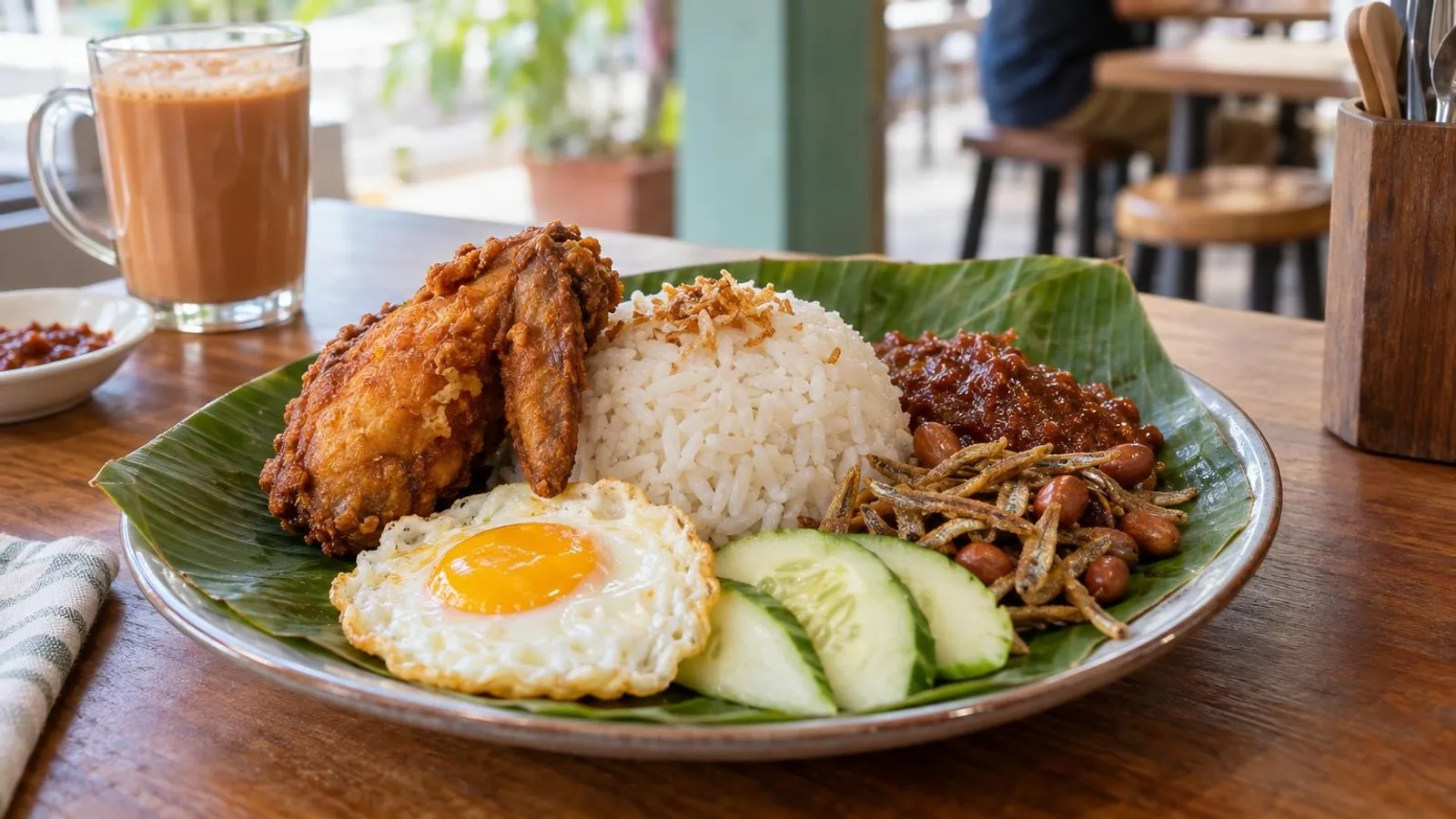 A plate of nasi lemak on banana leaf with fried chicken, sambal and ikan bilis in Singapore