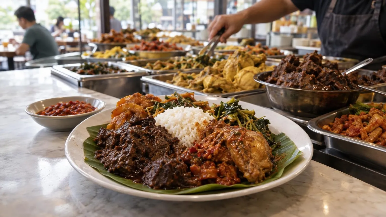 A nasi padang plate of rendang and ayam with the lauk display counter in Singapore
