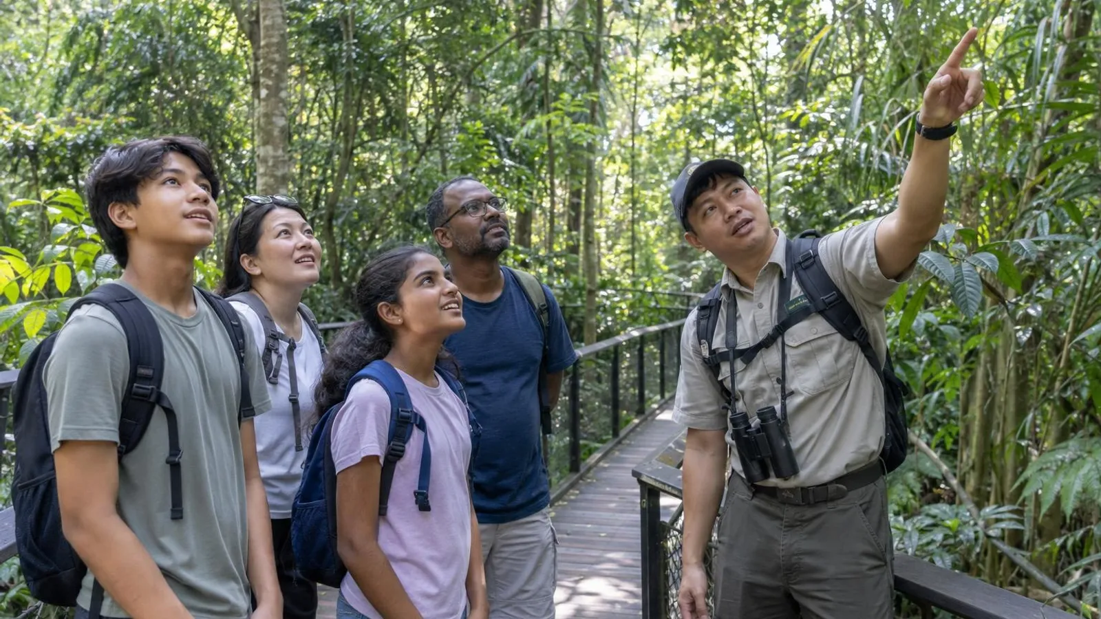 A guide pointing into the canopy for a small group on a forest boardwalk