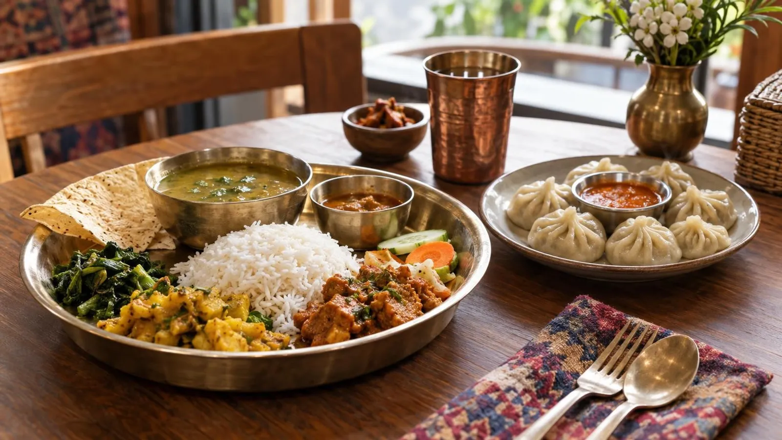 A Nepalese meal — a steel plate of dal bhat with rice, lentil soup and curries beside steamed momo dumplings with red dipping sauce