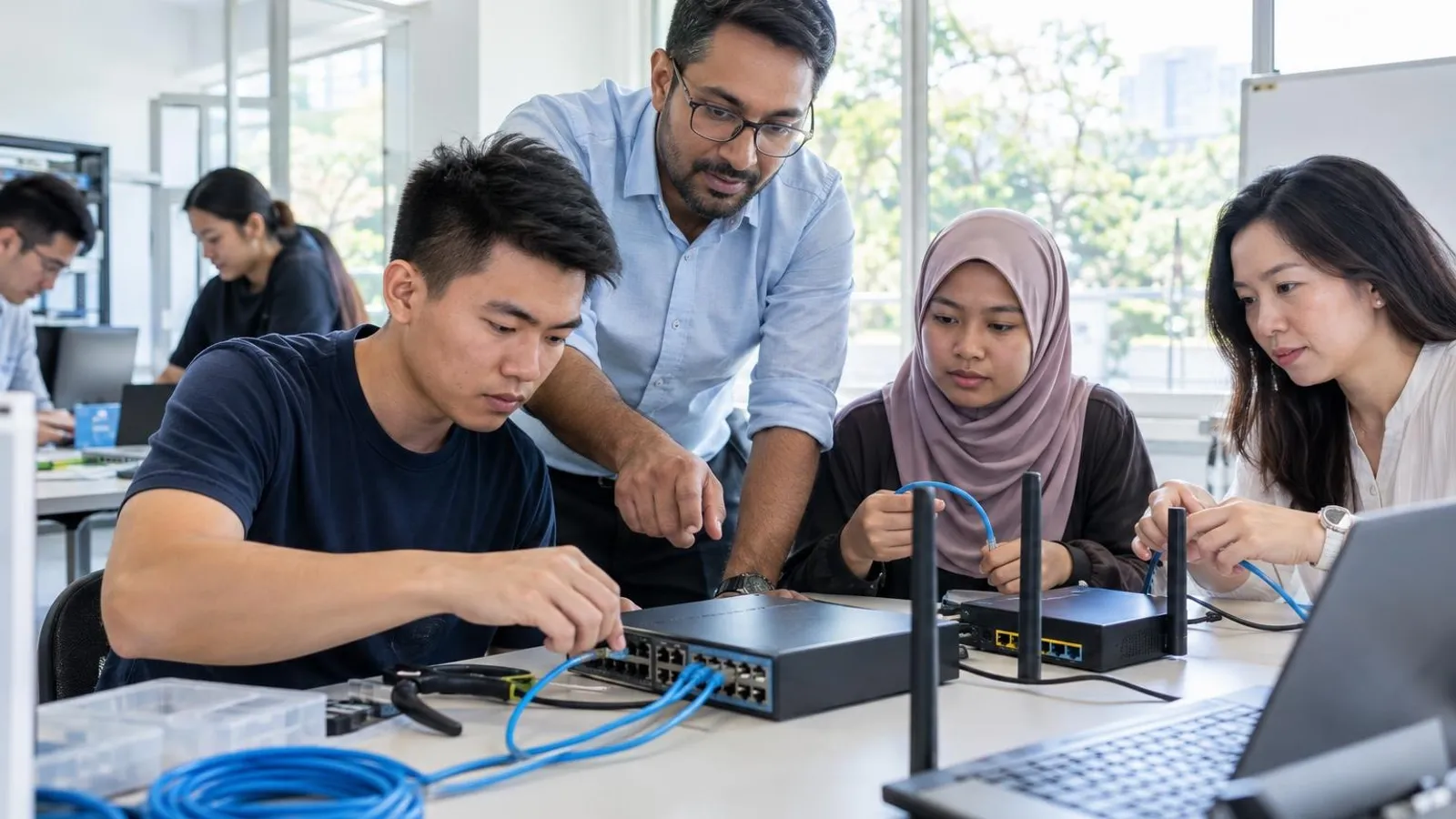 Adult learners cabling a network switch and router on a bright training-lab bench while an instructor guides