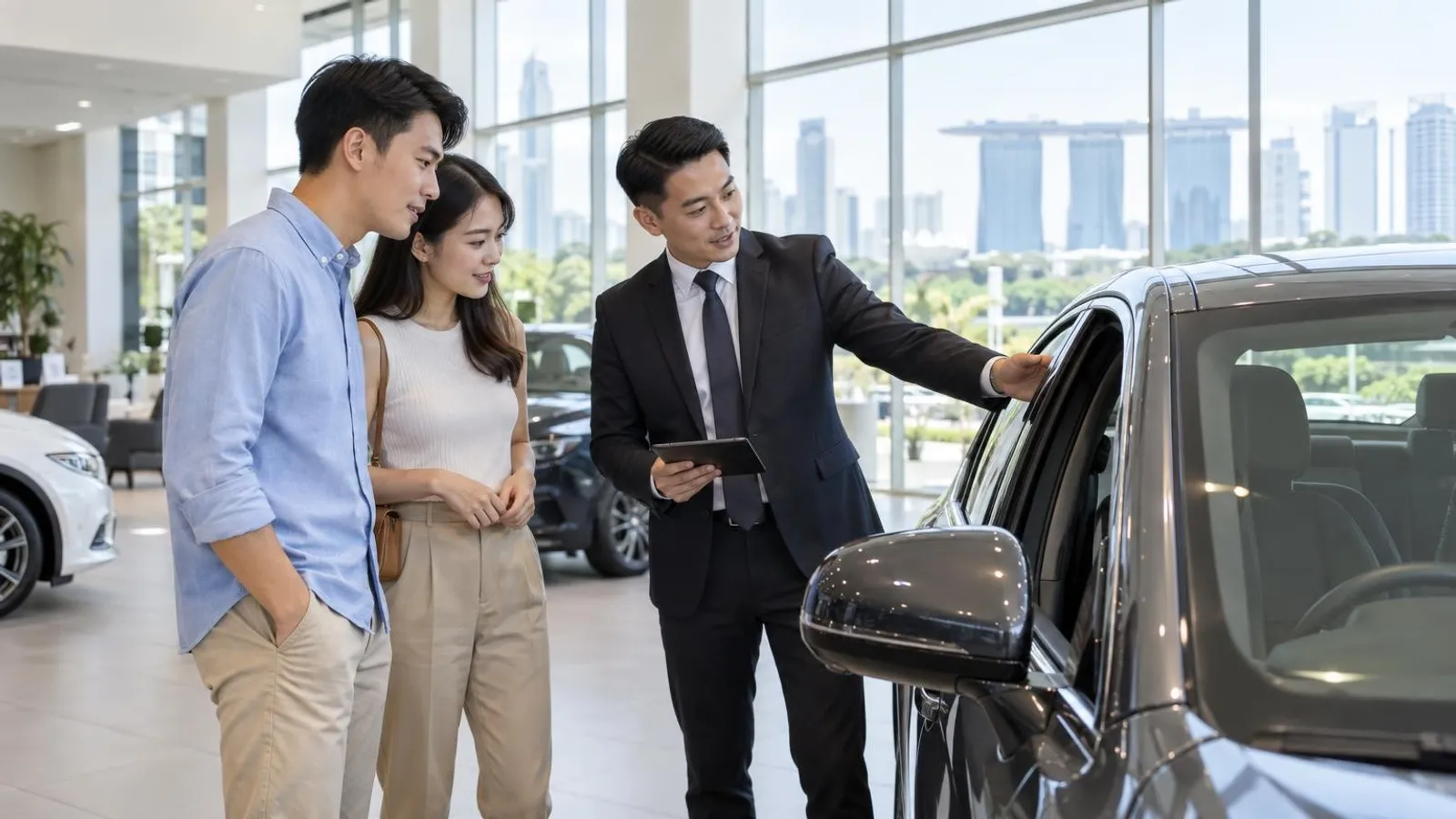 A salesperson showing a new car to a young couple in a bright modern Singapore showroom