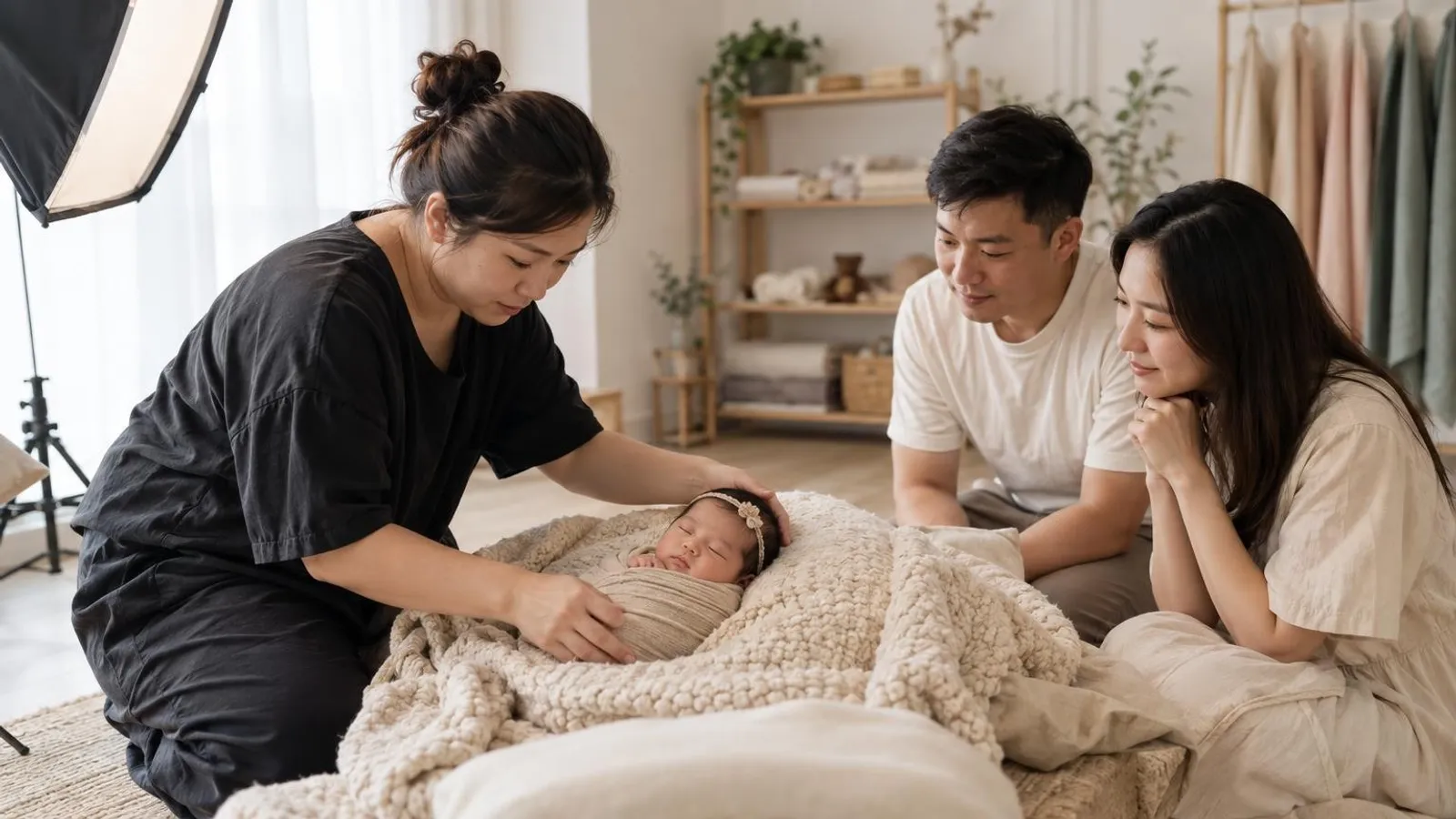 A newborn photographer gently posing a swaddled baby on a soft setup as the parents watch in a Singapore studio