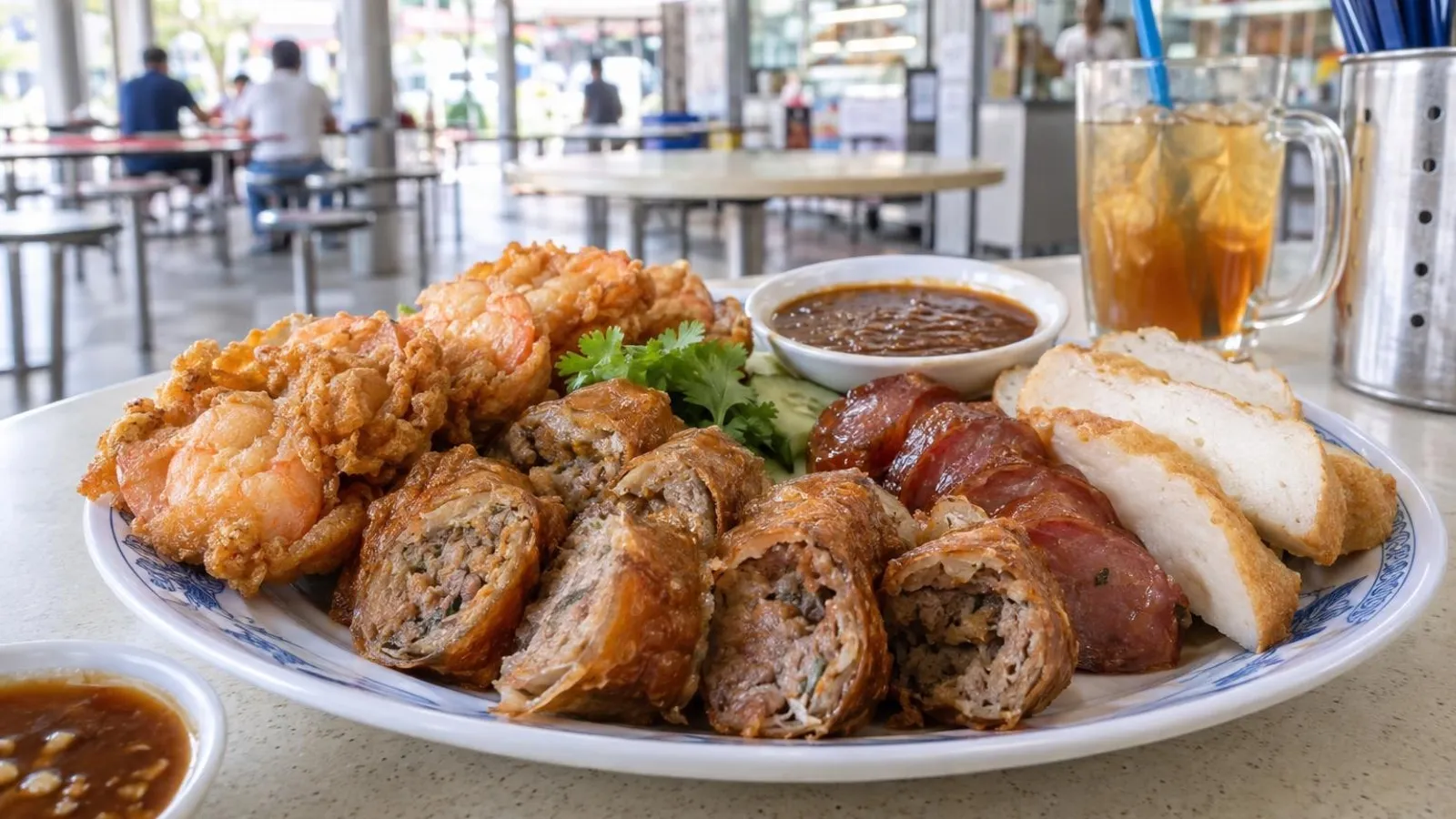 A platter of sliced ngoh hiang five-spice rolls, prawn fritters and sausage with sweet sauce at a bright Singapore hawker eatery