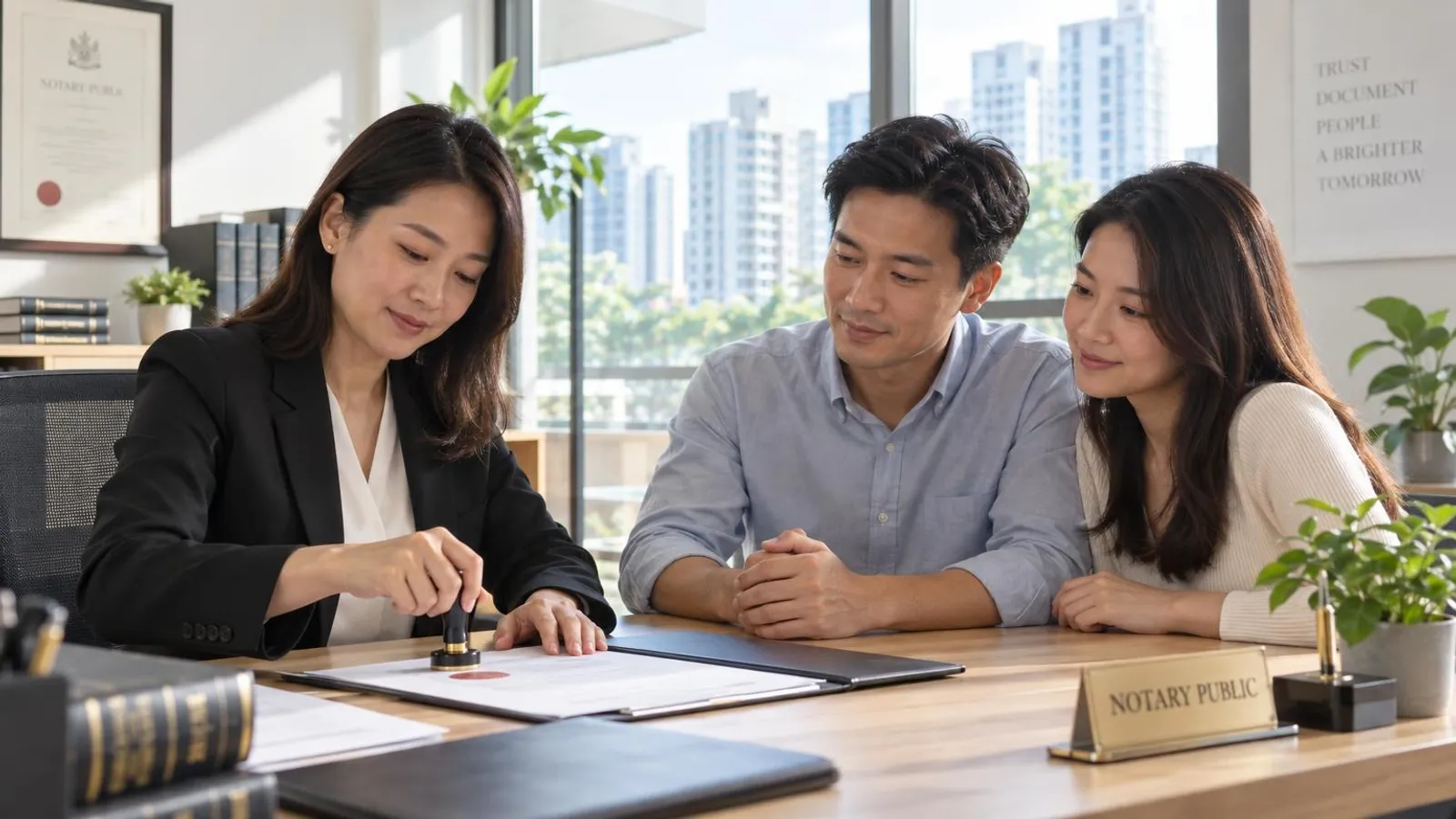 A notary public reviewing and stamping a legal document with an official seal at a desk in a bright Singapore law office