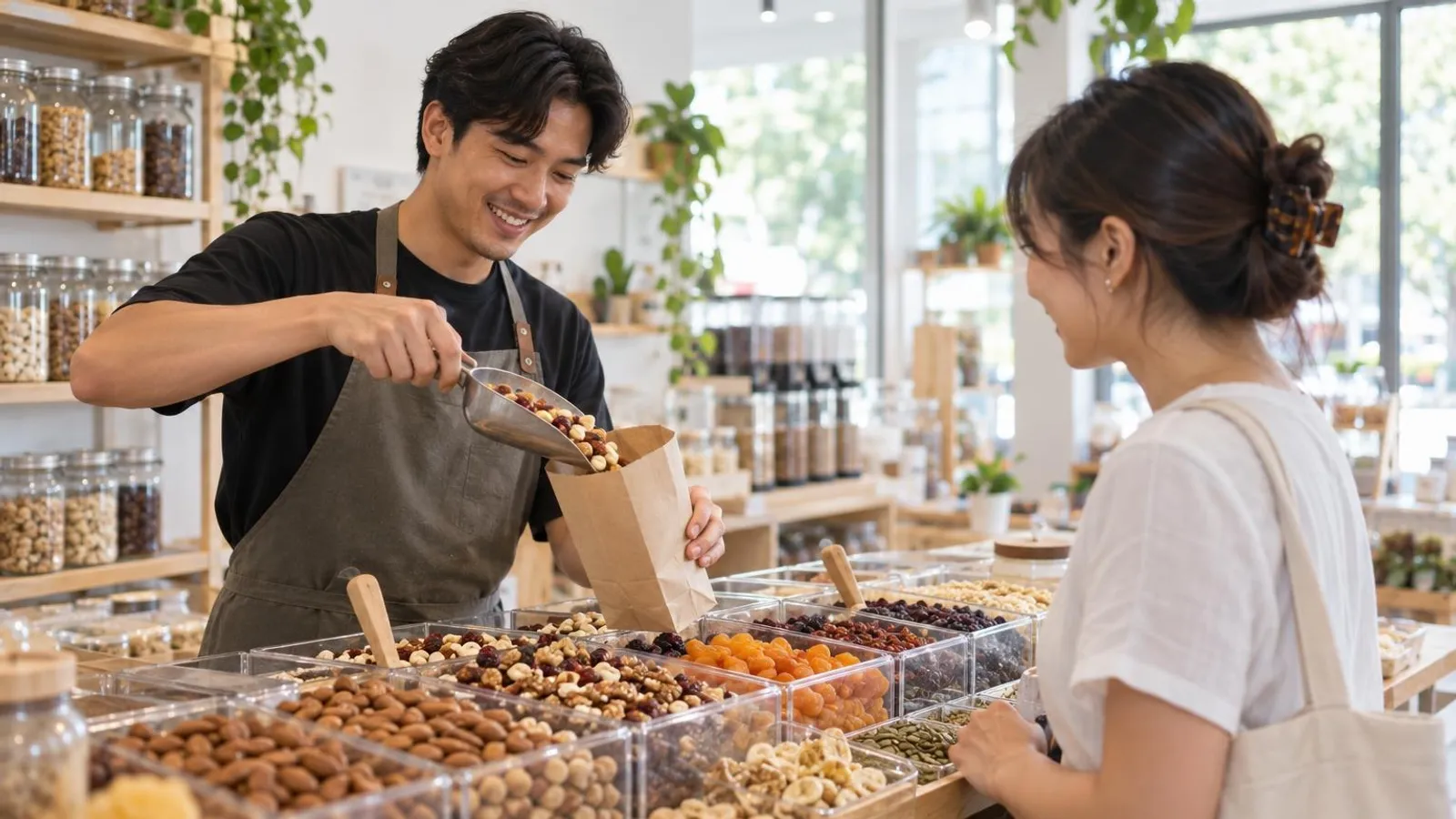 Nut and Dried Fruit Shops: a customer and a provider in a bright, modern setting