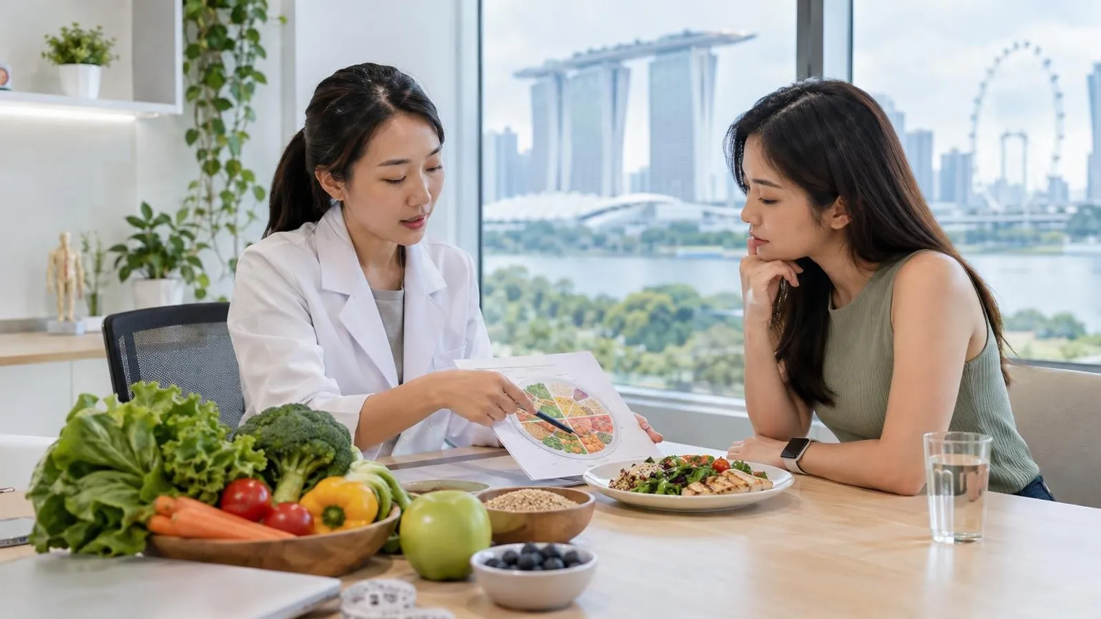 A nutritionist and client at a table with fresh vegetables and a meal plan in a bright Singapore clinic