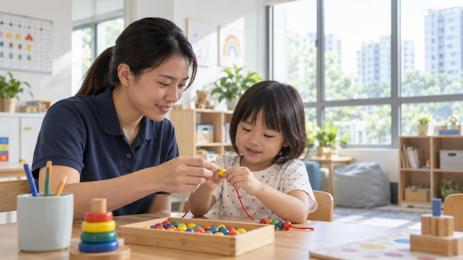 An occupational therapist helping a young child with a fine-motor bead-threading activity in a bright Singapore therapy room