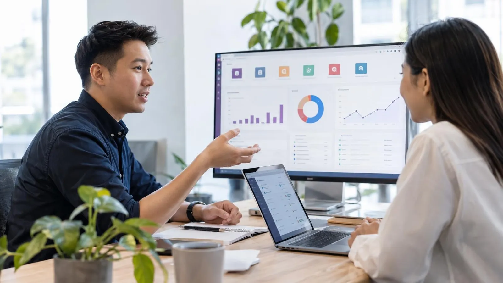 Odoo Implementation Partners: a customer and a provider in a bright, modern setting