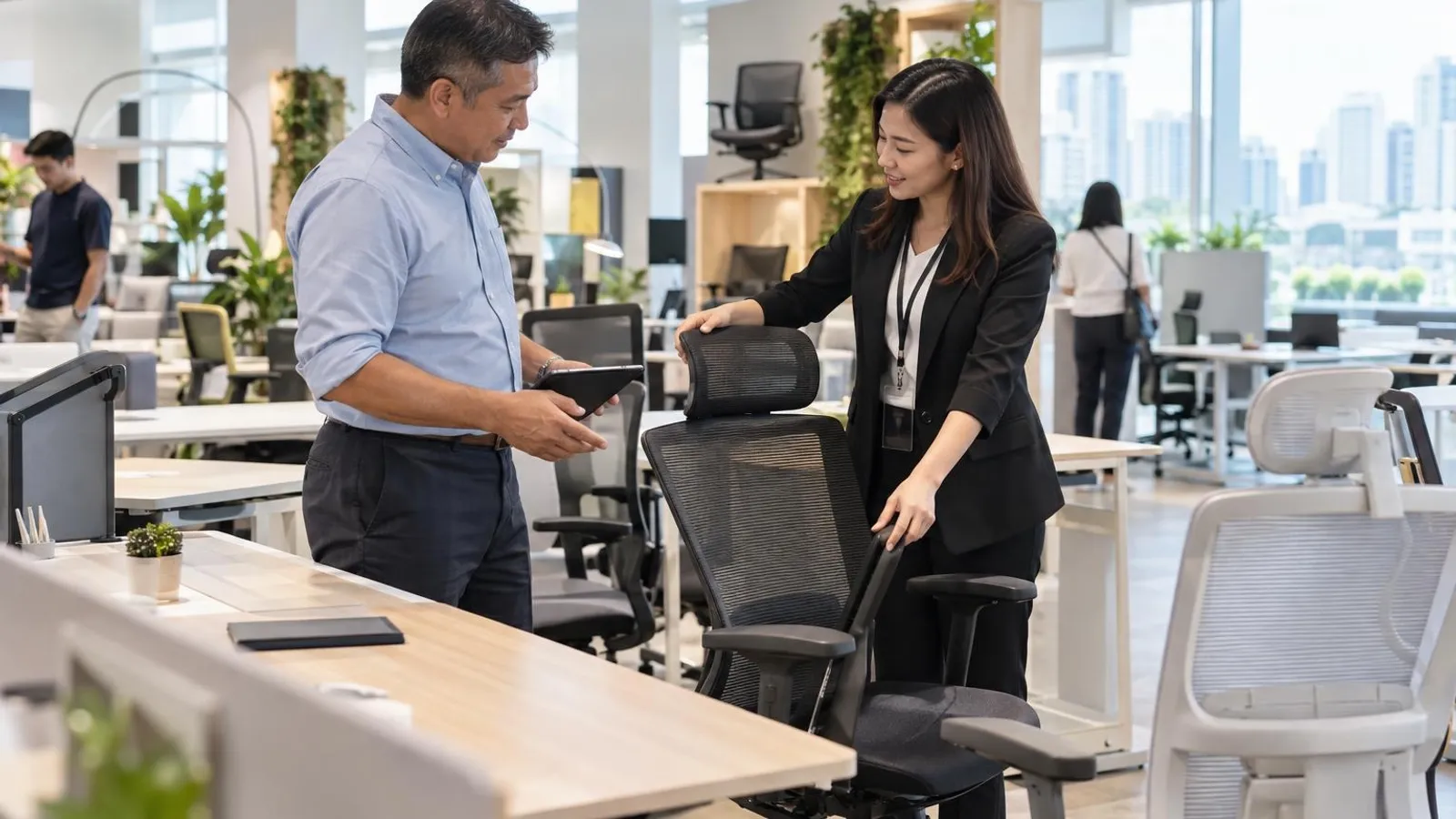 A buyer and a salesperson discussing ergonomic chairs and desks in an office furniture showroom