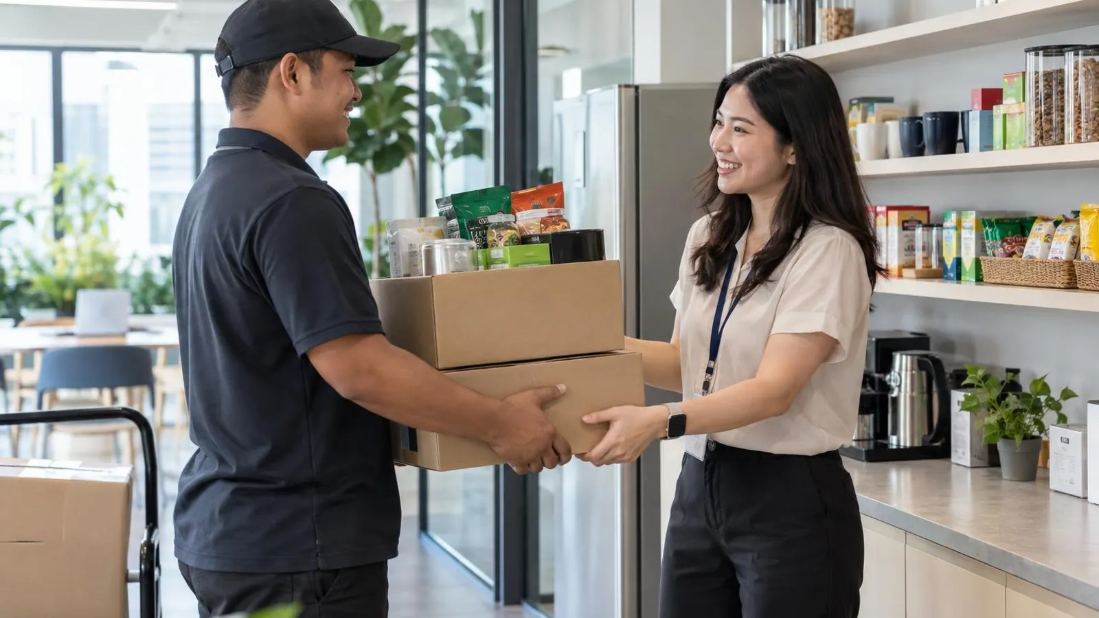 A delivery person handing boxes of snacks and drinks to an office administrator beside a stocked pantry