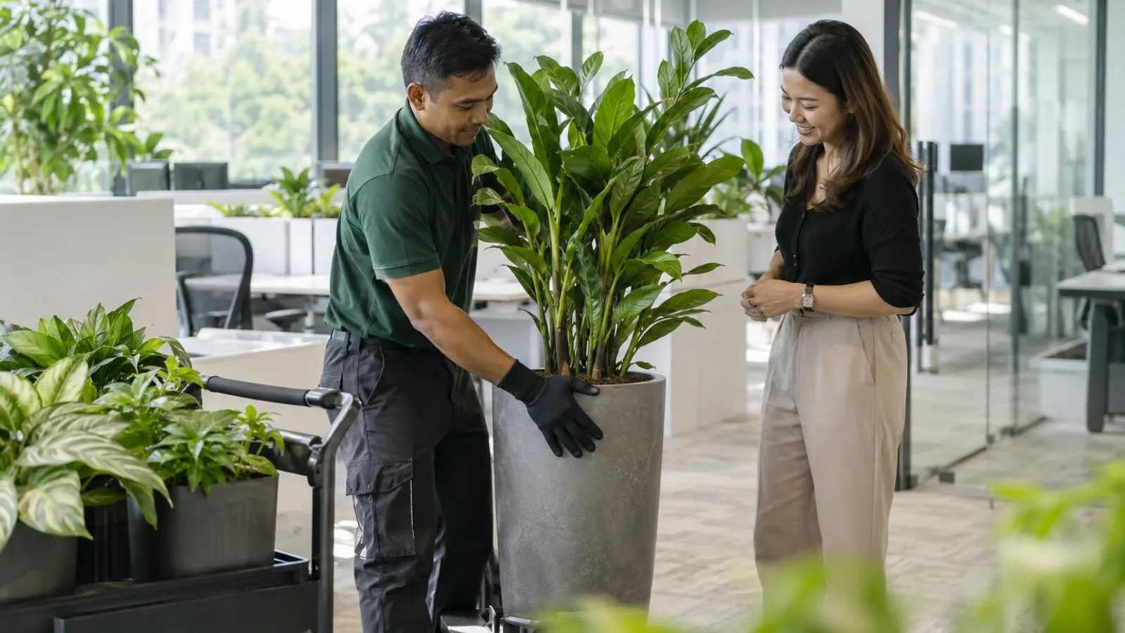 Office Plant Rental Services: a customer and a provider in a bright, modern setting