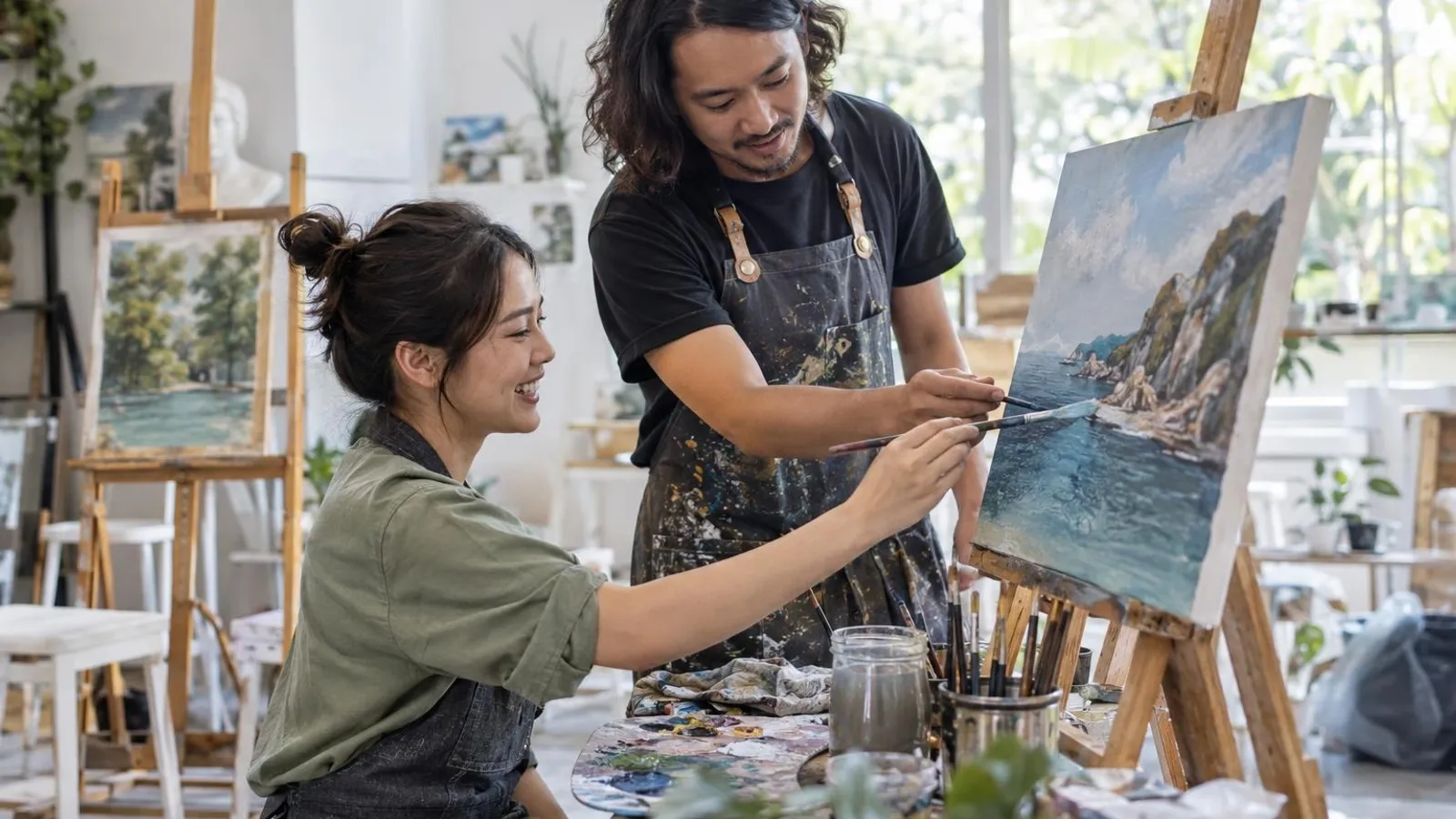 Oil Painting Classes: a customer and a provider in a bright, modern setting