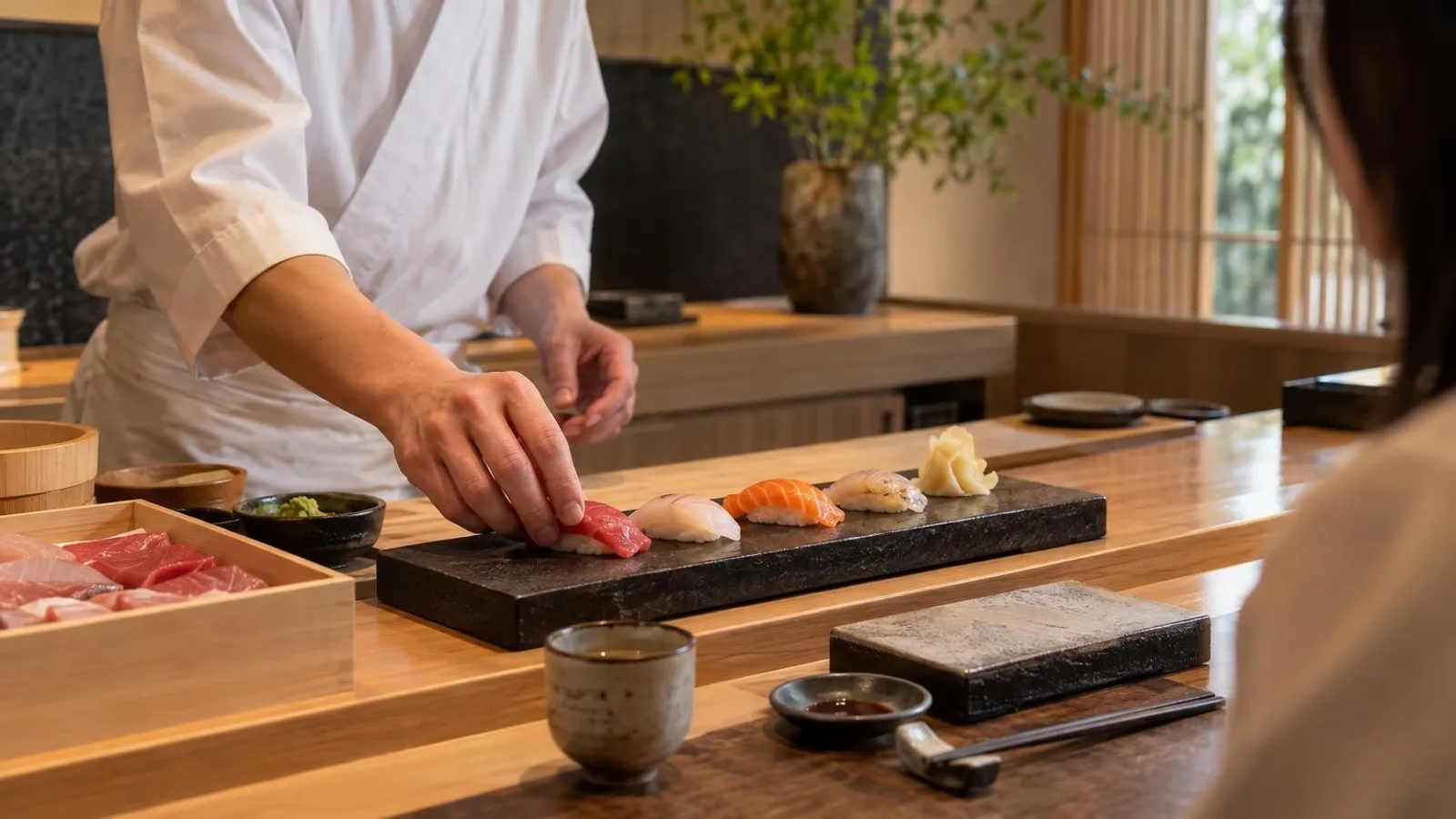 An elegant omakase sushi counter in Singapore with a chef presenting plated nigiri and sashimi