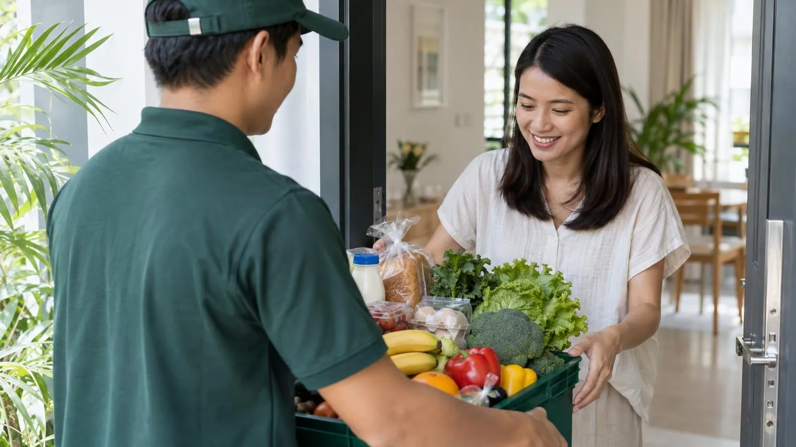 Online Grocery Delivery: a customer and a provider in a bright, modern setting