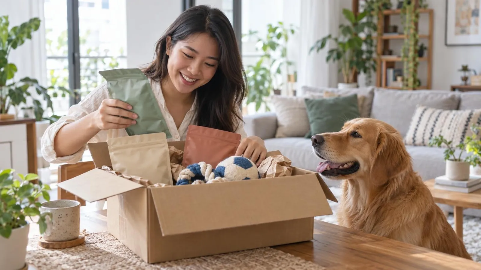 Online Pet Stores: a customer and a provider in a bright, modern setting