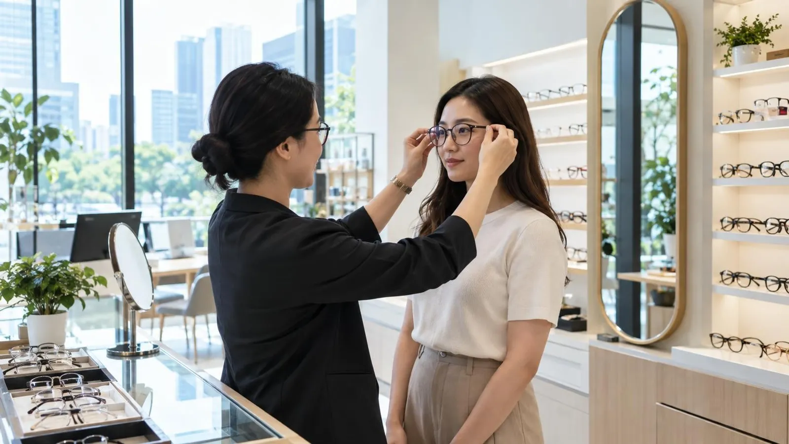 A bright modern optical shop in Singapore with wall displays of spectacle frames