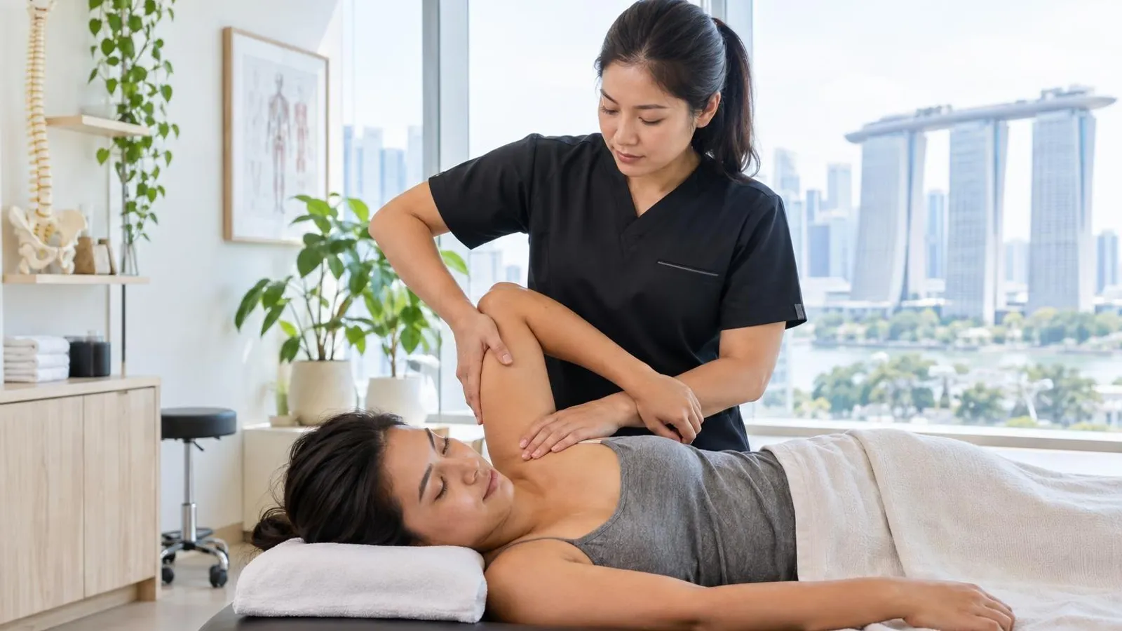 An osteopath treating a relaxed patient on a treatment table in a bright calm Singapore osteopathy clinic